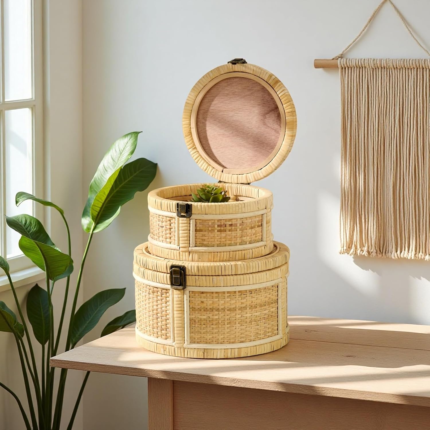 Lids Wooden Frame Decorative Rattan Round Baskets Set Handmade Woven Wicker / Natural / Set of 2