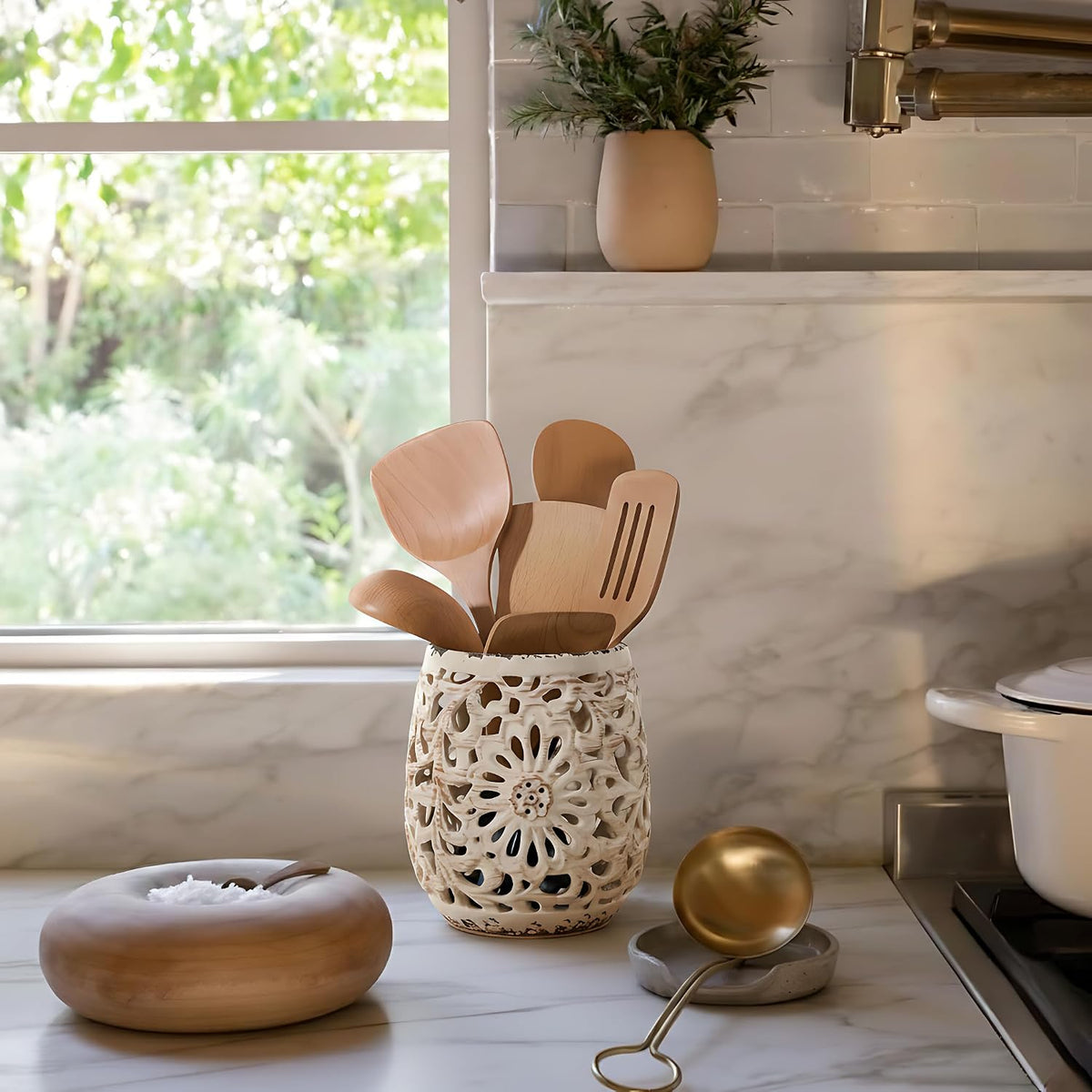 Farmhouse Kitchen Utensil Holder for Kitchen Counter, Ceramic Large Cooking Utensil Crock with Cork Mat, Countertop