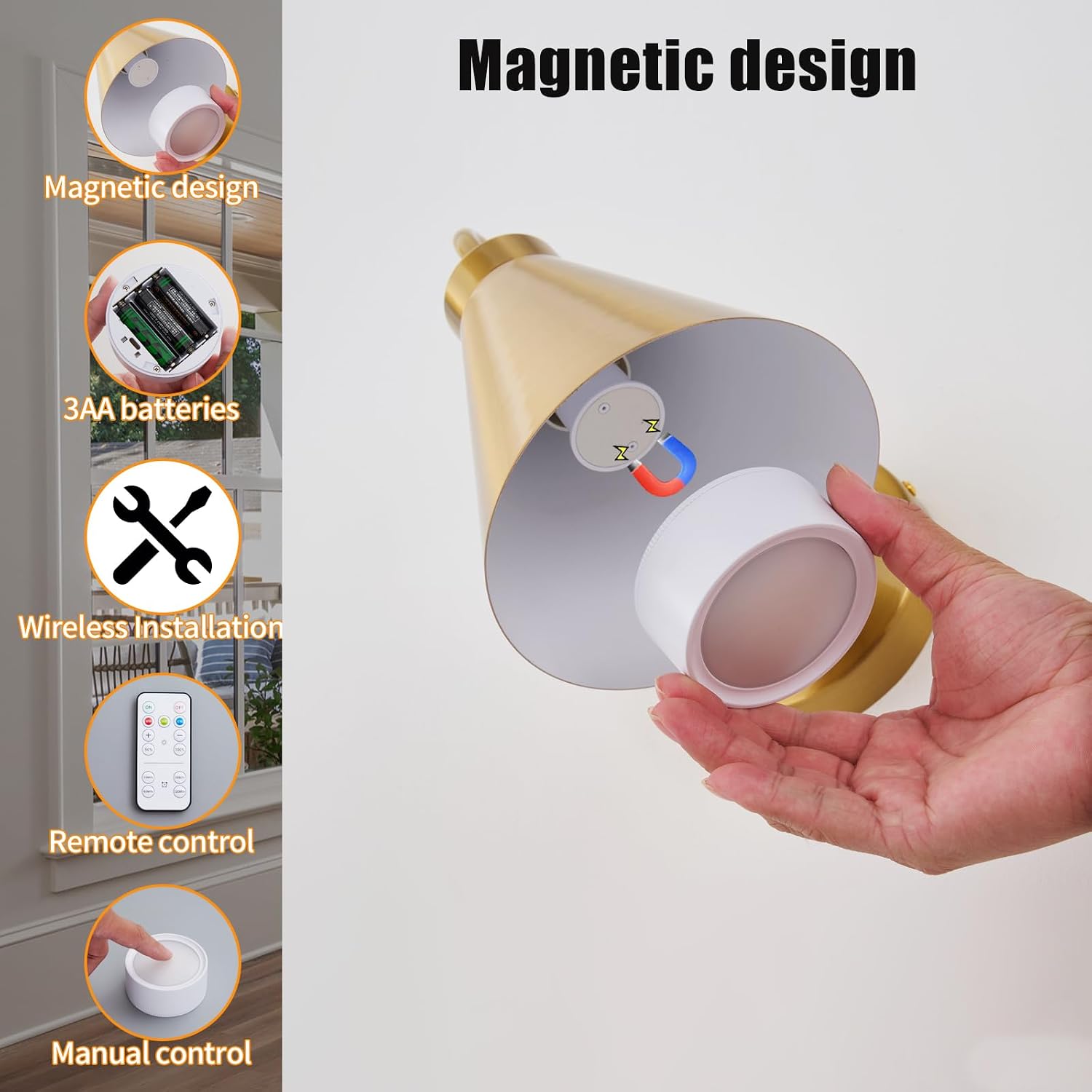 Powfloven Vintage Rechargeable Wall Sconces Set of 2, Gold Battery Operated Bedside Wall Lamps with Remote Control