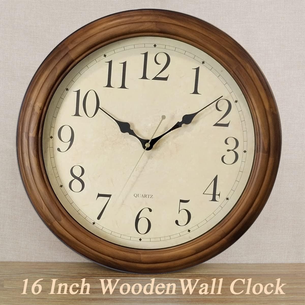 CHIRAY 16-Inch Solid Wood Silent Non-Ticking Decorative Wall Clock with Large Arabic Numerals Battery Operated Analog