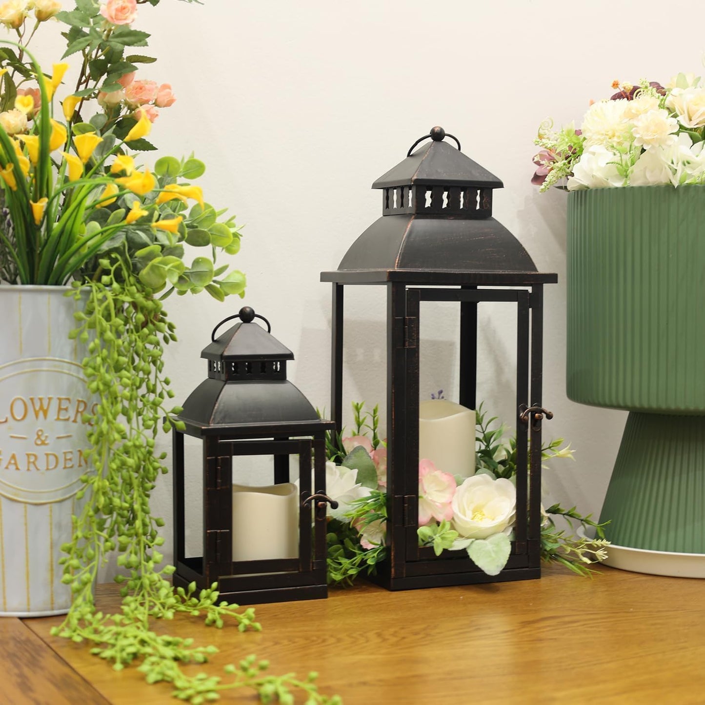 NEEDOMO LED Lanterns Decorative Outdoor&Indoor, Set of 2 Large Bronze Metal Lantern Decor with LED Candle, Lantern