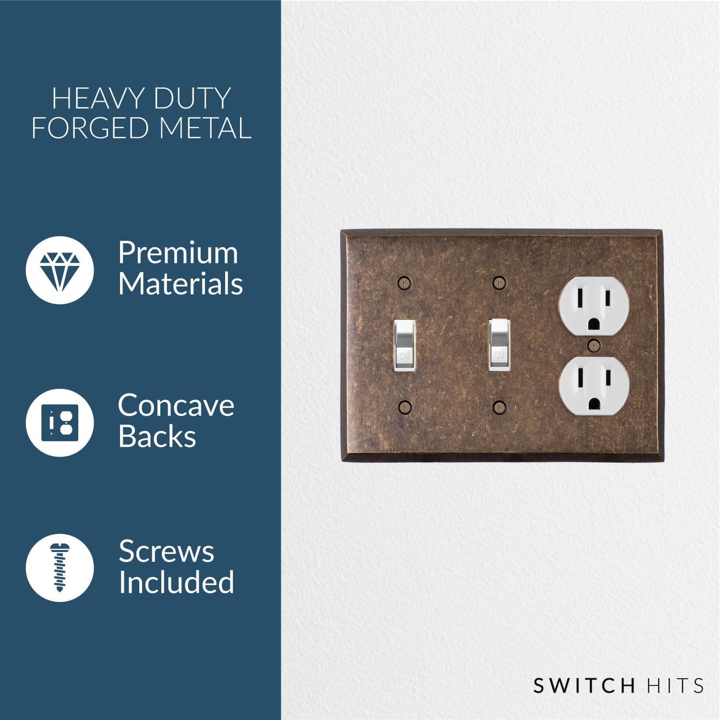 Double Light Switch Plate Outlet Cover GFCI Wall Plate | 2 Toggle - 1 Duplex Mottled Antique Brass Electrical Faceplate