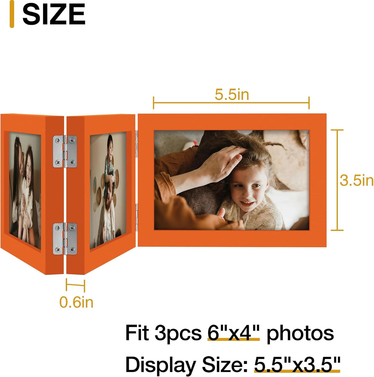 decorUhome Orange Triple 6x4 Picture Frame Horizontal, MDOR08 | "Z" Shape Folding Design Engineered Wood Trifold Photo