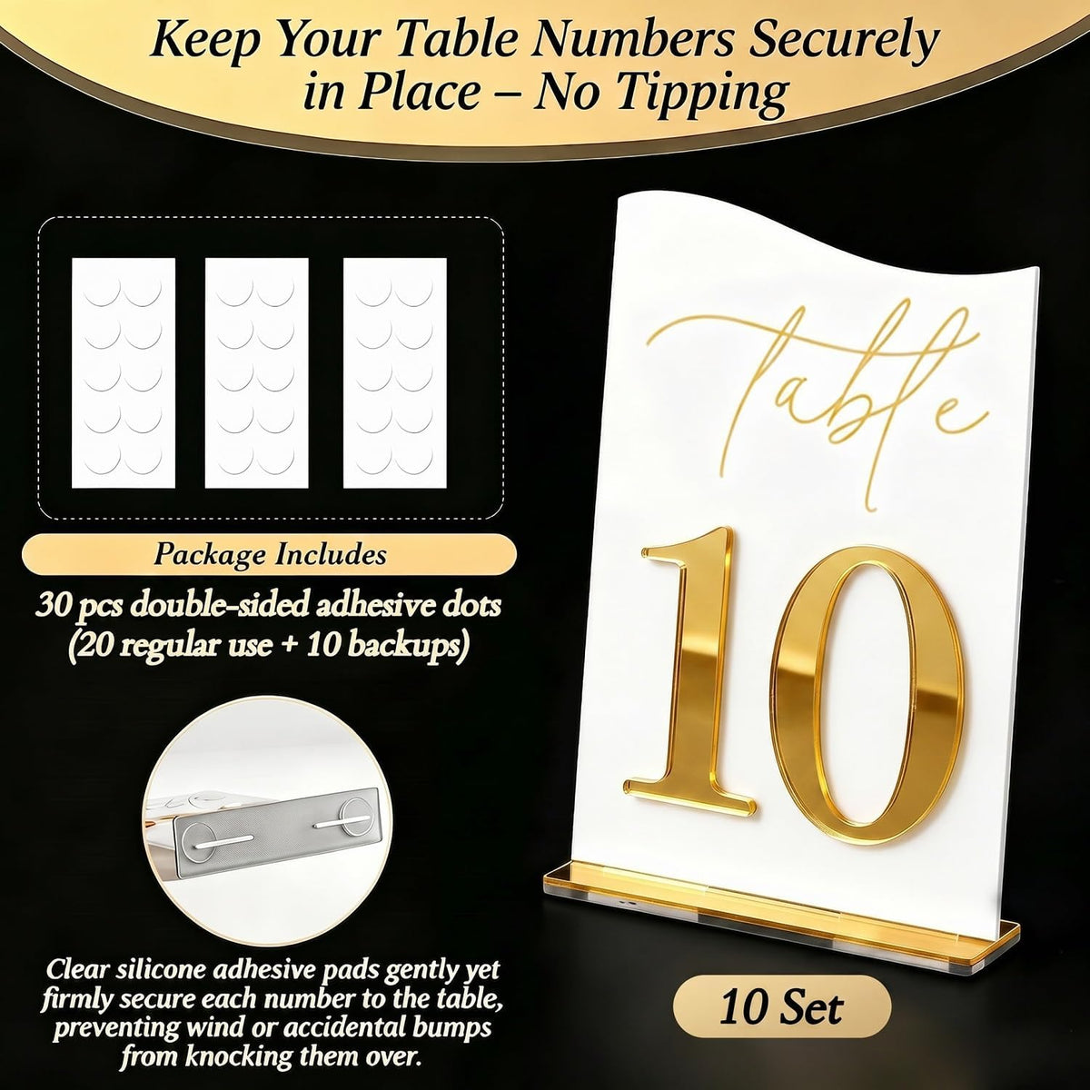 Gold Mirrored Acrylic Wedding Table Numbers 1-10 Set, Self-Standing Modern Arched Signs for Reception Seating