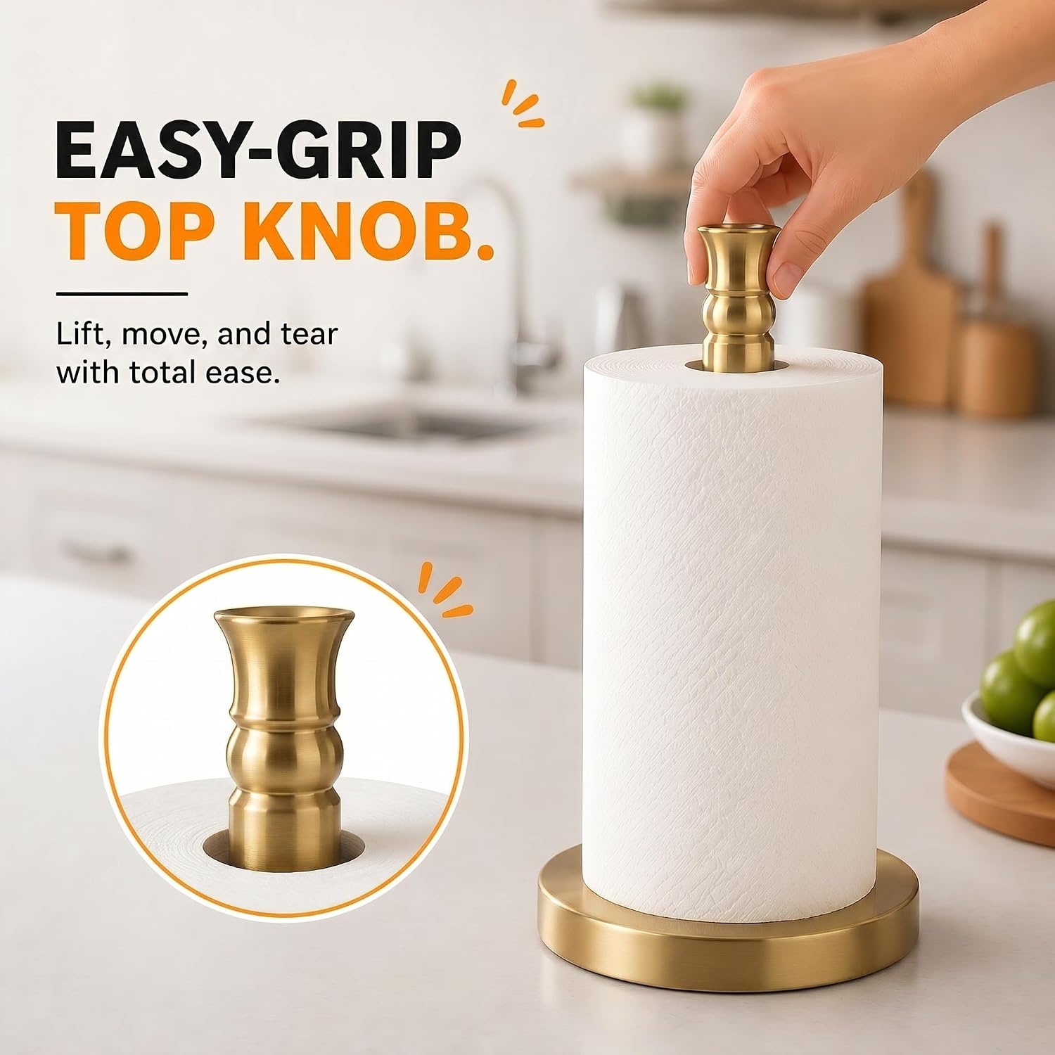 Paper Towel Holder, Stainless Steel Heavy Base (2LBS in Weight, and 6.7inch in Diameter), Gold Brushed Finish, Paper