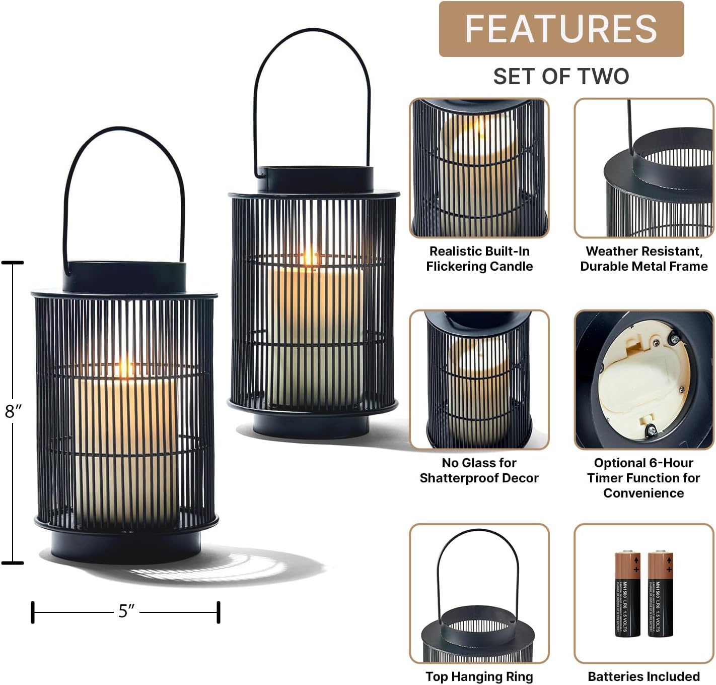 LampLust Outdoor Lanterns Patio Decor, 2 Pack, 8 in Black Metal Candle Lantern