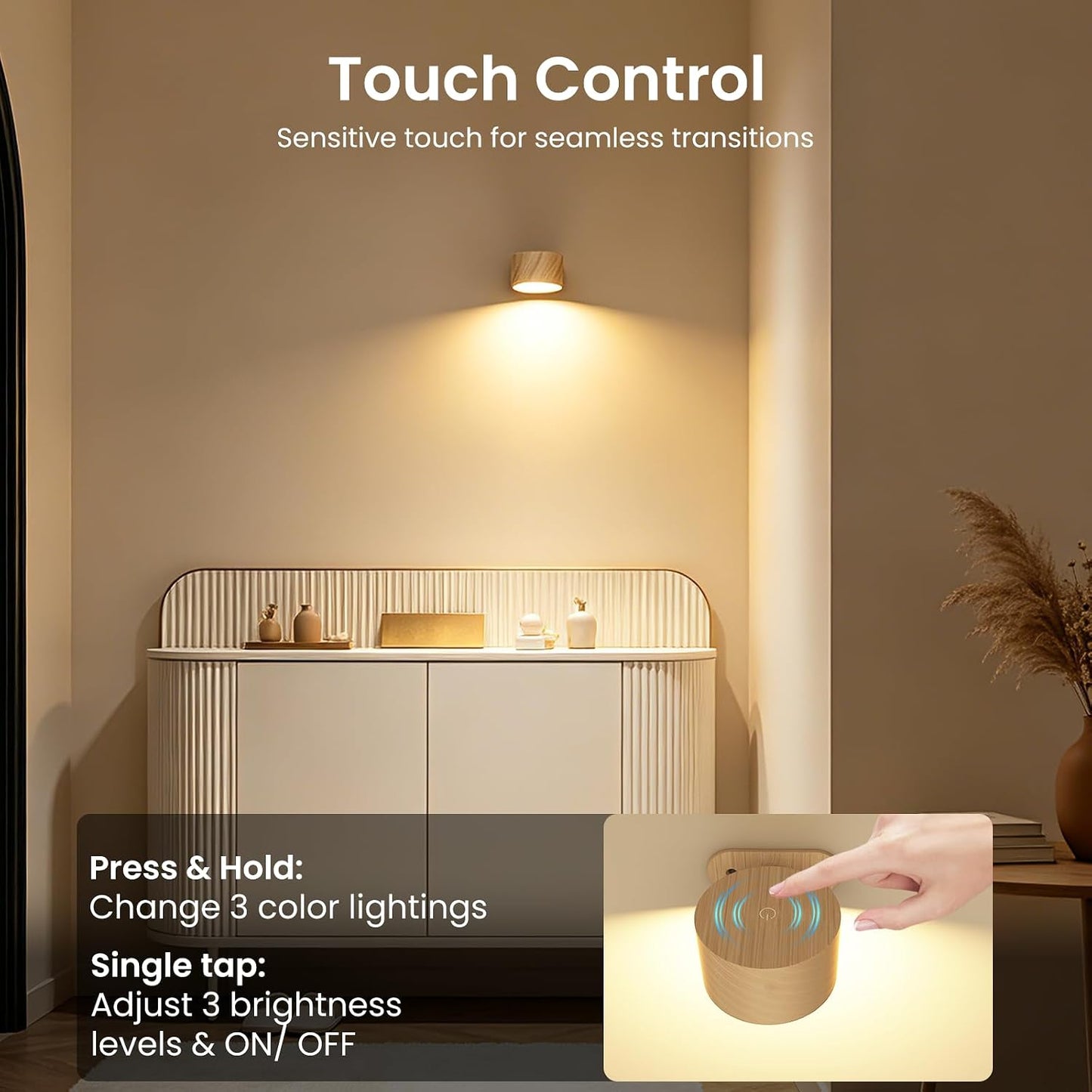 Koopala 2PACK LED Wall Lamps with Rechargeable Battery Operated, Wall Mounted Lights with 3 Brightness 3 Color Temp
