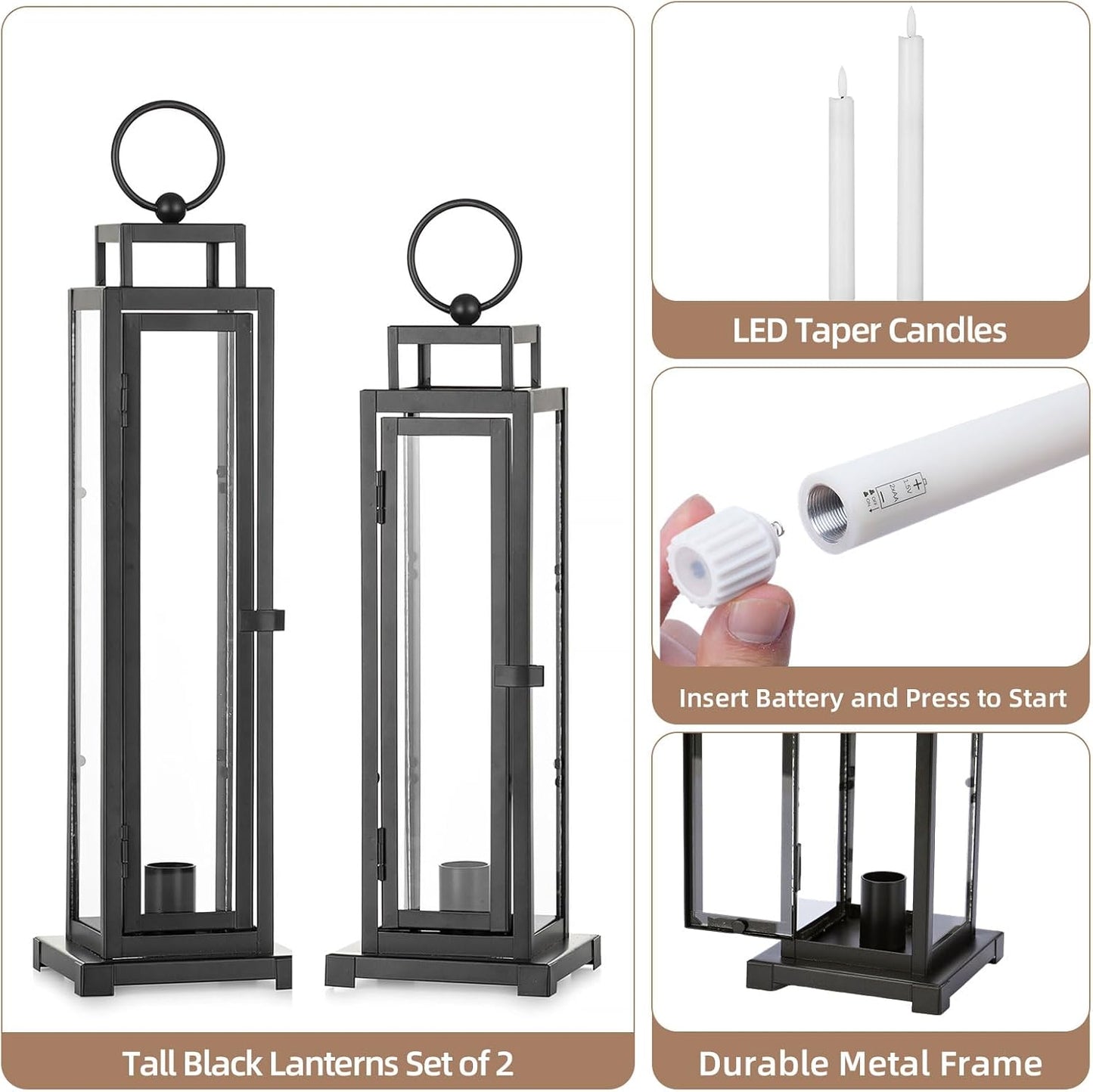 Black Lantern Decorative Indoor, with LED Taper Candles | 15" & 13", with Glass, Waterproof Outdoor Metal Lanterns, Set