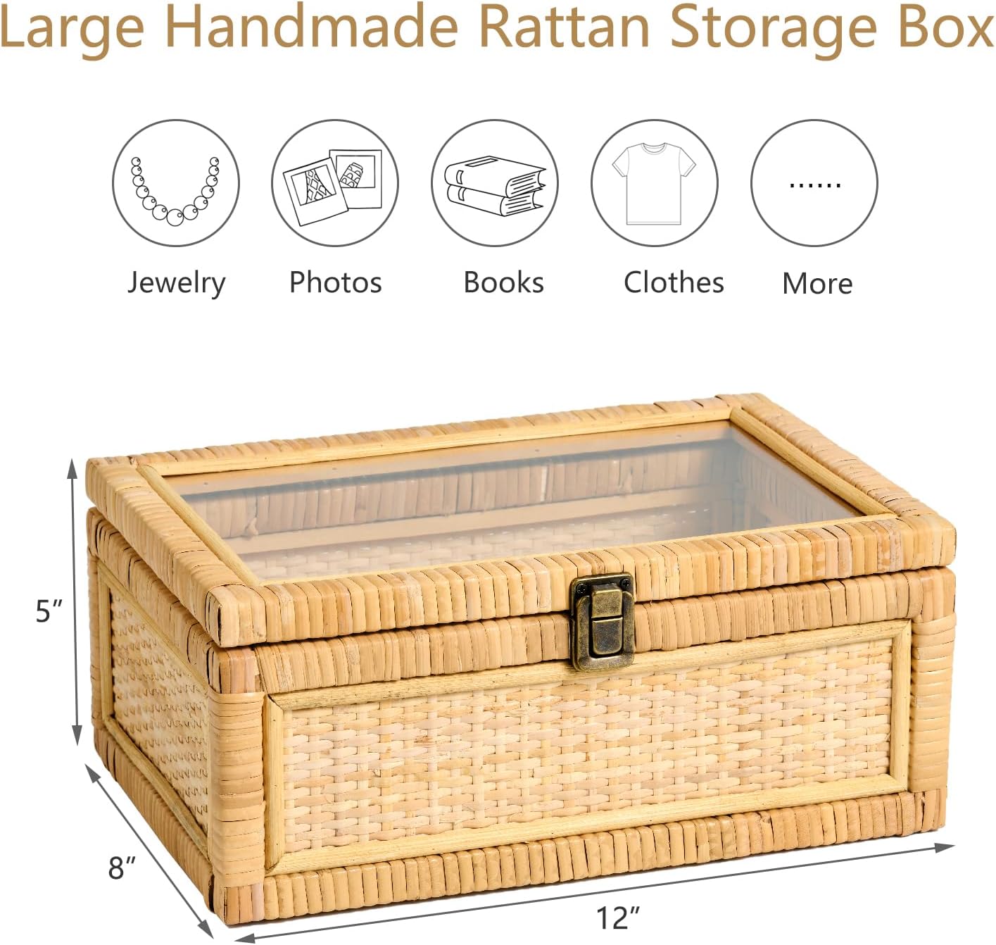 Clear Lid Wooden Frame Decorative Handmade Boho Woven Rattan Wicker Baskets Cane / Large / Natural