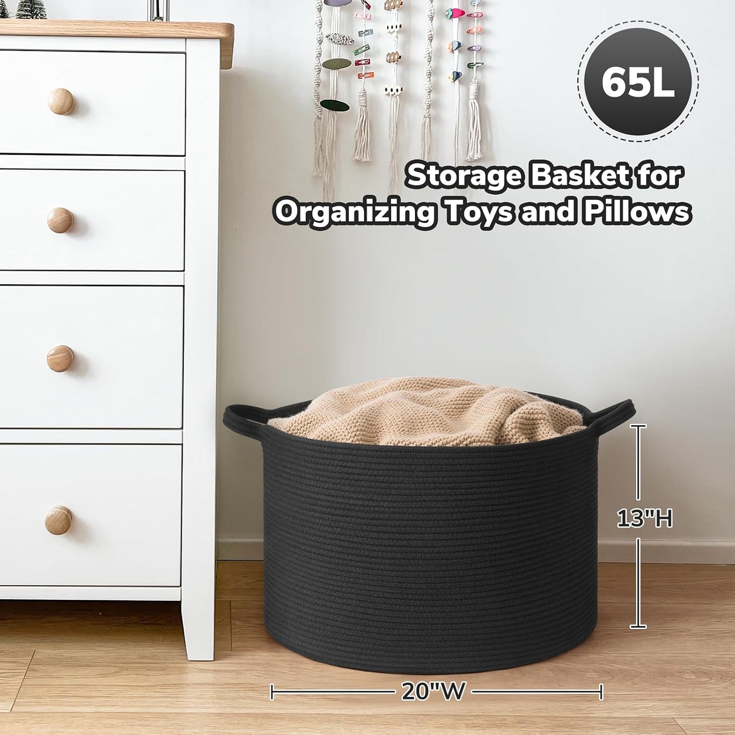 Woven Storage Baskets / Black / 19.7 x 19.7 x 12.6