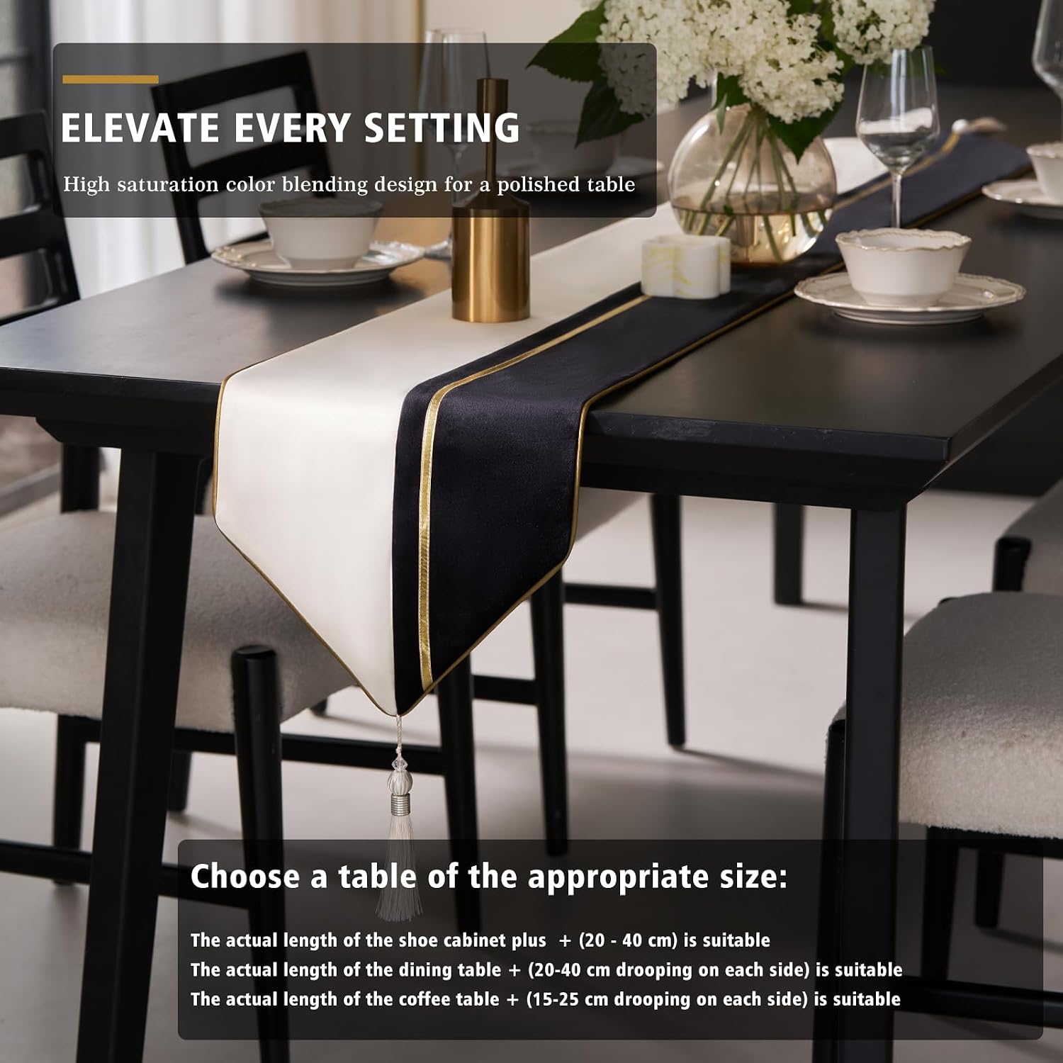 Avigers Table Runner 12 x 90 Inch, Black Gold, Geometric, Tassels | Faux Silk double-layer accent for dining rooms