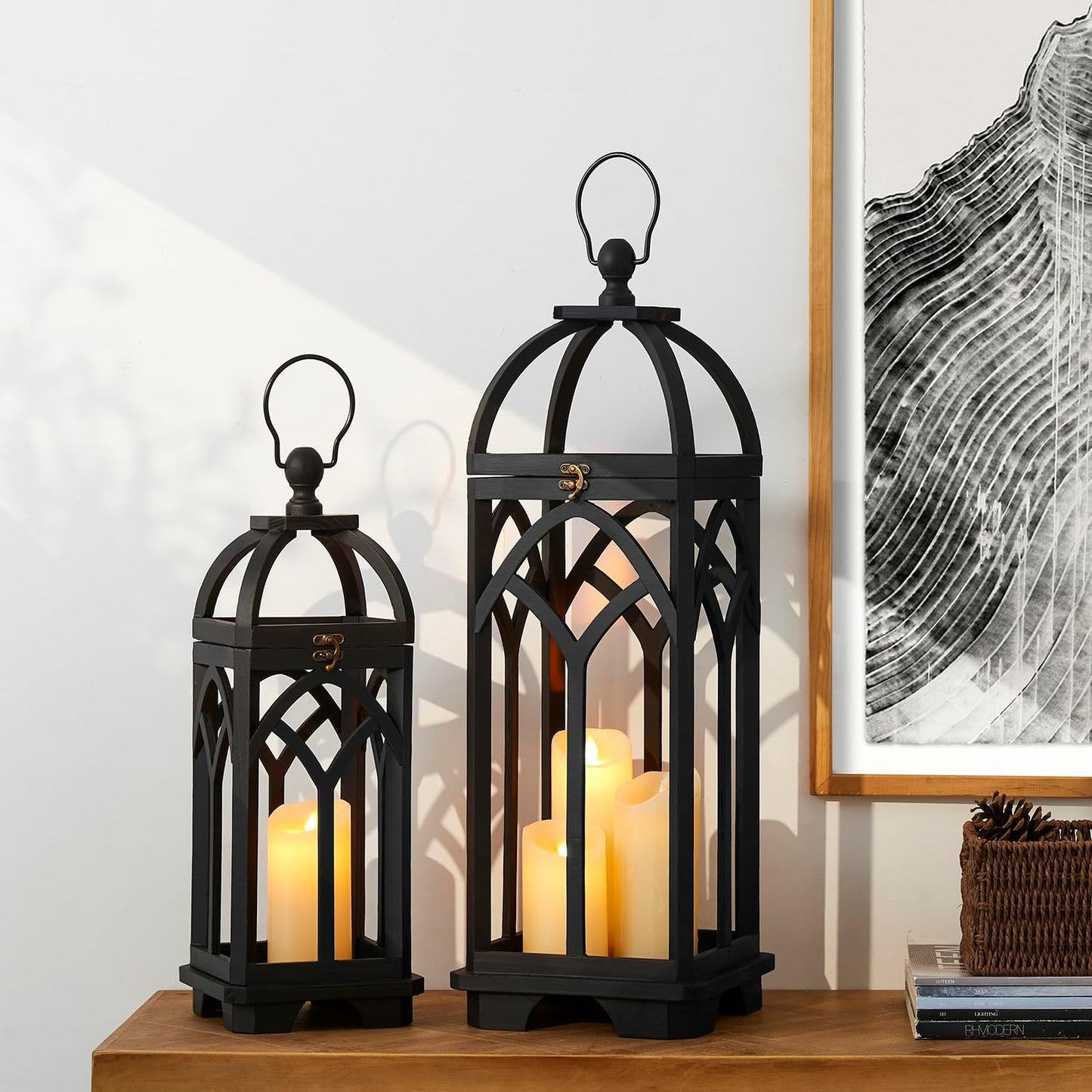 Glitzhome Farmhouse Decorative Lanterns Wooden Candle Lantern, Church Window Wood Frame Lanterns for Wedding Mantle