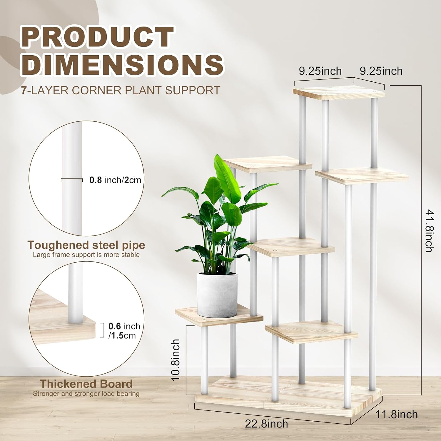 7 Tier Plant Stand Indoor, Thickened Metal Wood Corner Plant Shelf Stands for Multiple Plants, Indoor Tall Plants Stand
