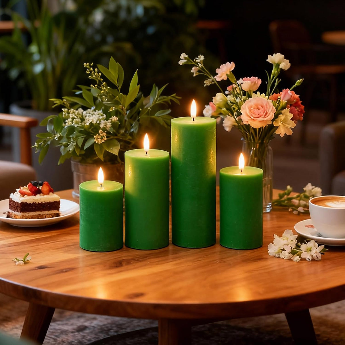 LUSHARBOR Green Flameless Candles, 4 Pack Battery Operated Candles for St. Patrick’s Day, Real Wax LED Fake Candles for