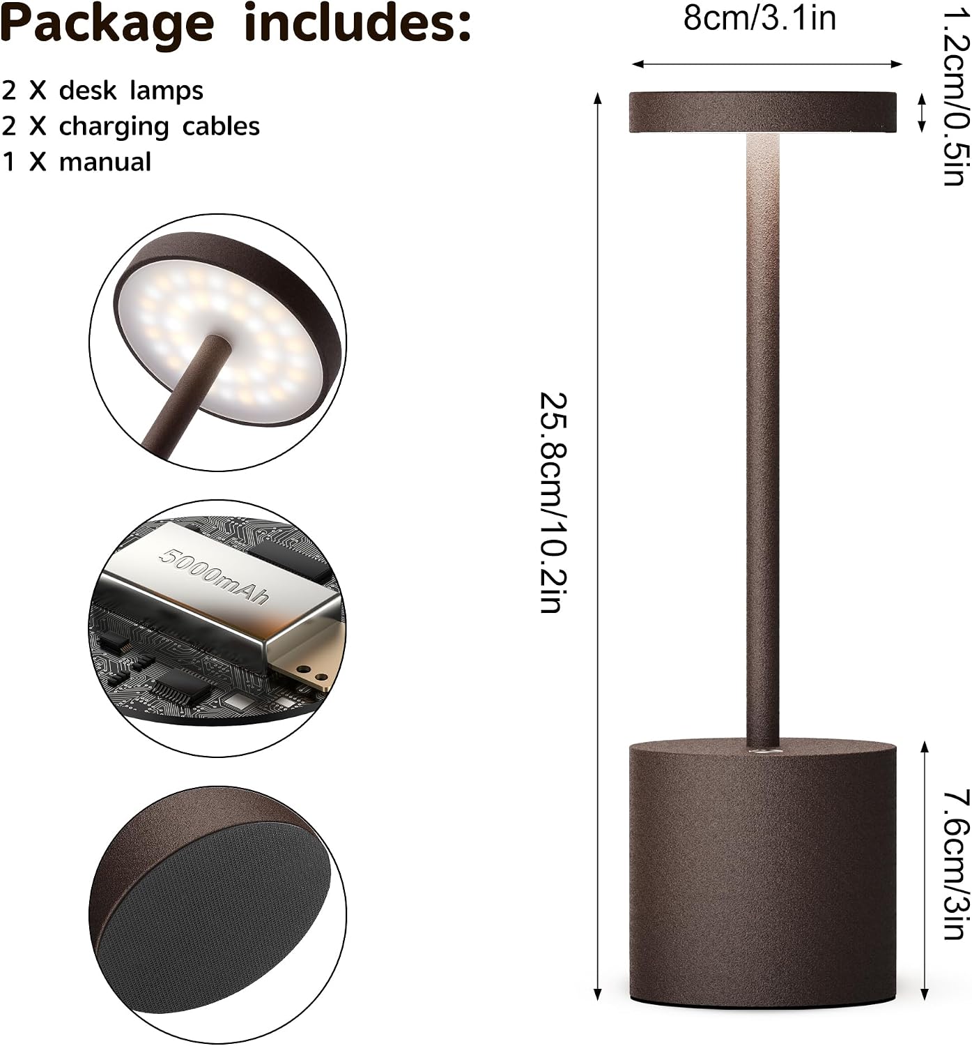 2Pack Cordless Rechargeable LED Restaurants Outdoor Table Lamp | Battery 5000mAh Metal USB Portable Powered Desk Lamp