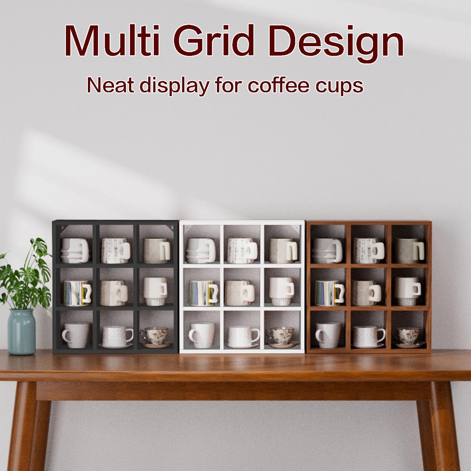 Helsin 9 Grid Vintage Coffee Mug Display Rack, 16inch Wall Mounted Wooden Curio Shadow Box Shelf, Cup Floating Shelves