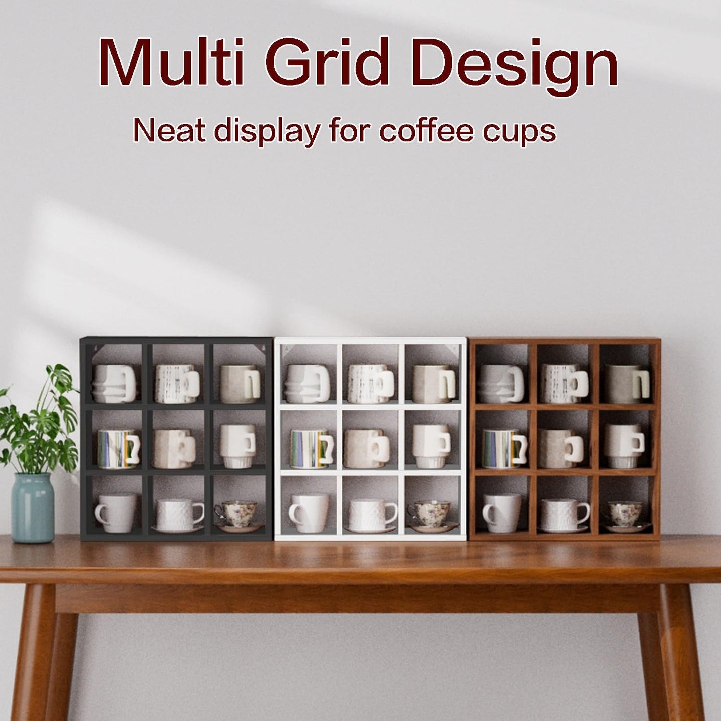 Helsin 9 Grid Vintage Coffee Mug Display Rack, 16inch Wall Mounted Wooden Curio Shadow Box Shelf, Cup Floating Shelves