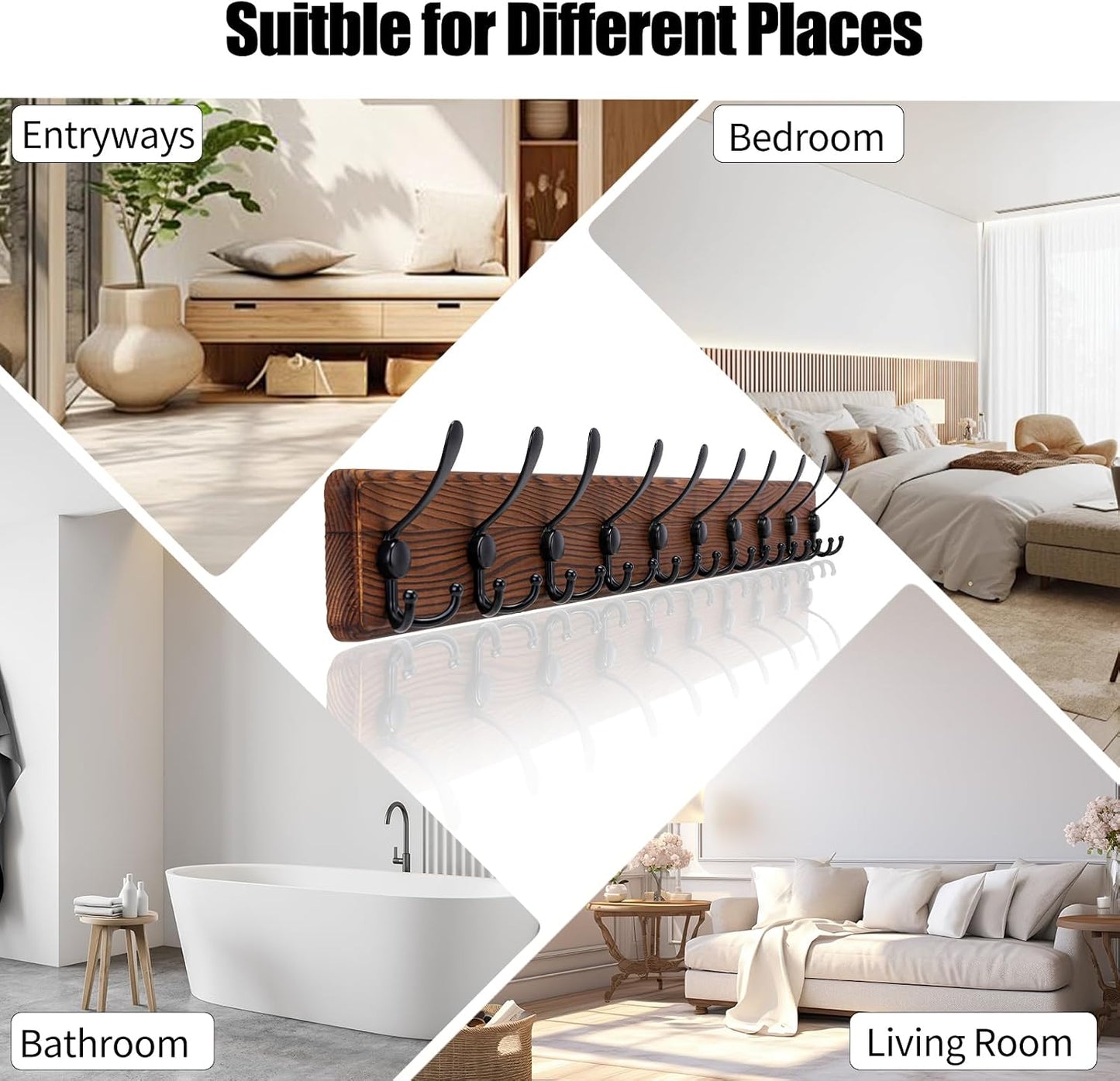 Gohiuo Rustic 38.6" Large Coat Rack Wall Mount, Long Wood Coat Hooks with 10 Triple Hooks, Heavy Duty Wooden Coat
