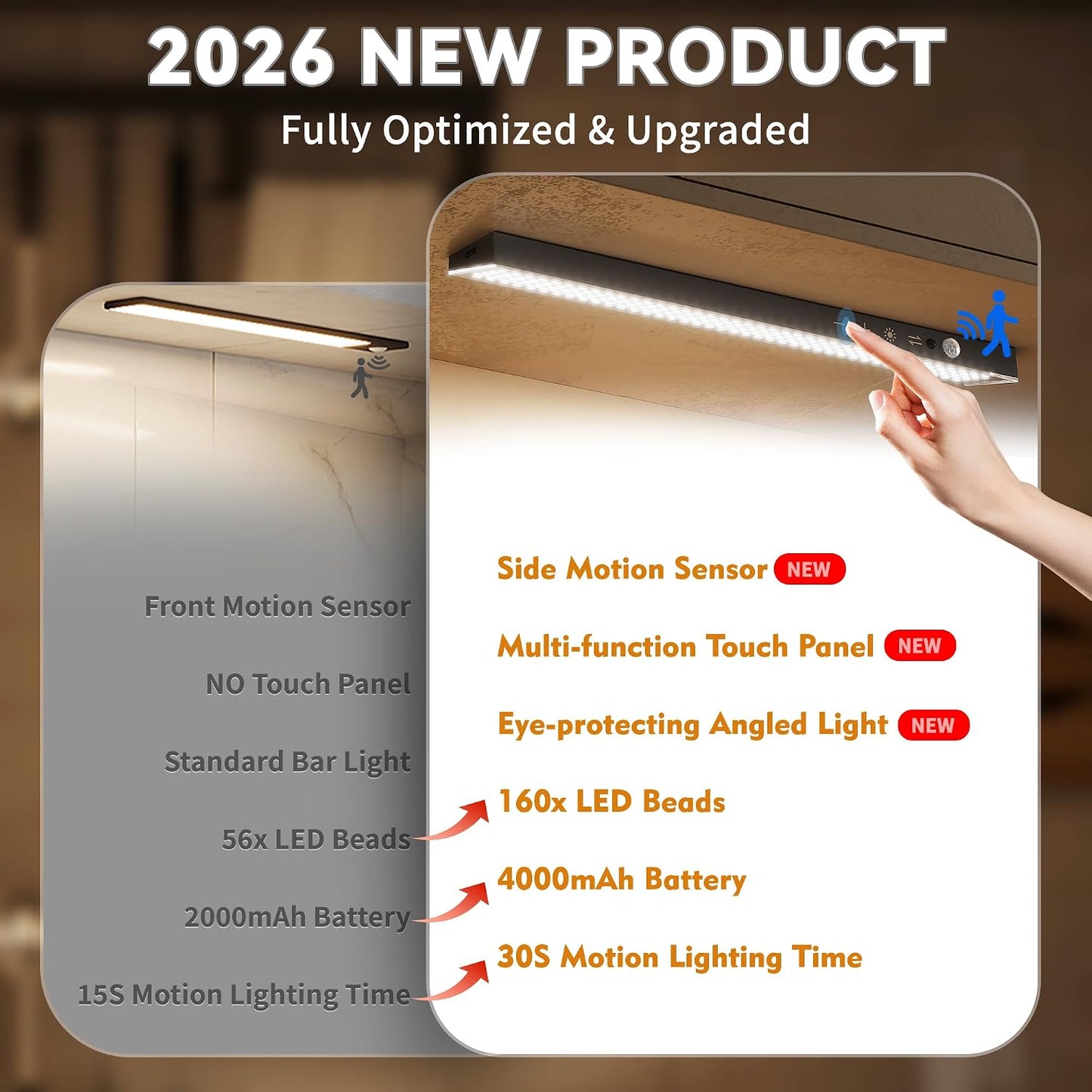 12" Under Cabinet Lights Wireless Rechargeable, Motion Sensor, 3Pack, Black | Touch & Remote Control丨160 bright