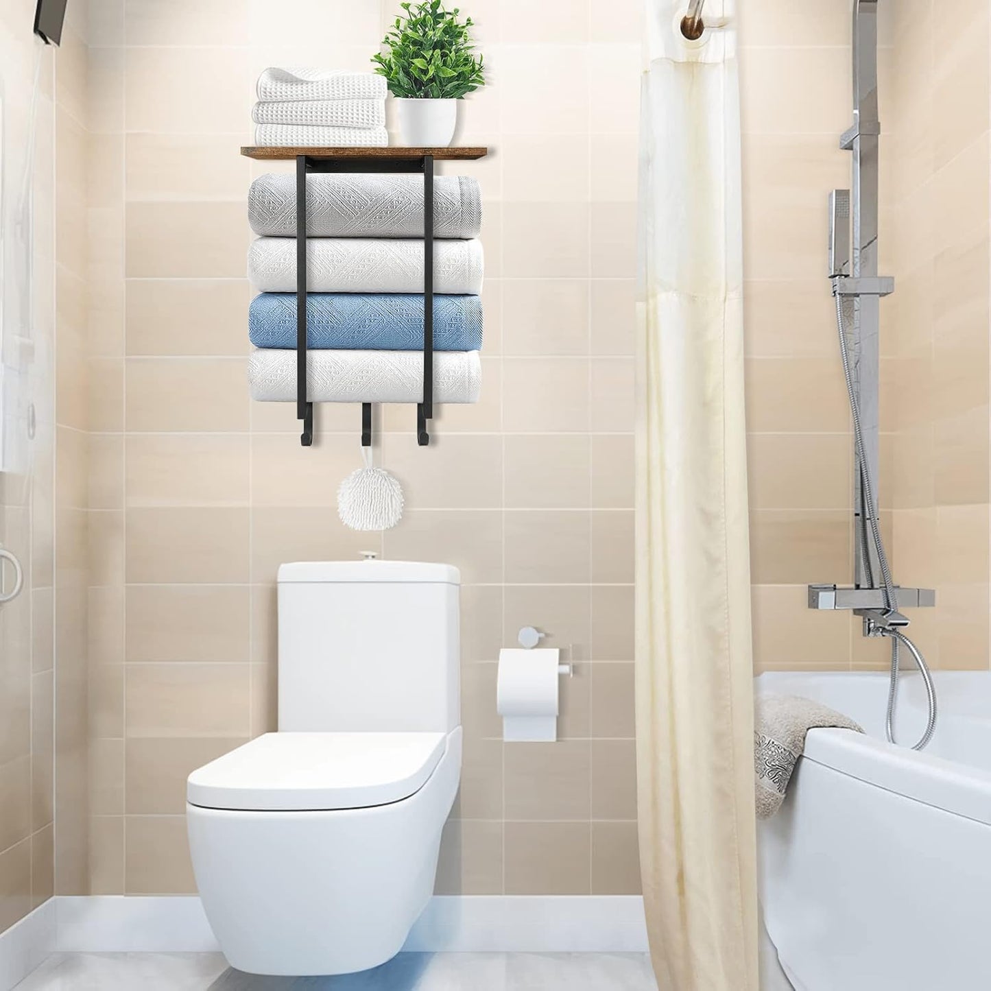 ELITEROO Towel Racks for Bathroom Wall Mounted, Hanging Towel Holder | Wood Towel Rack Shelf with 3 Hook for Washcloths