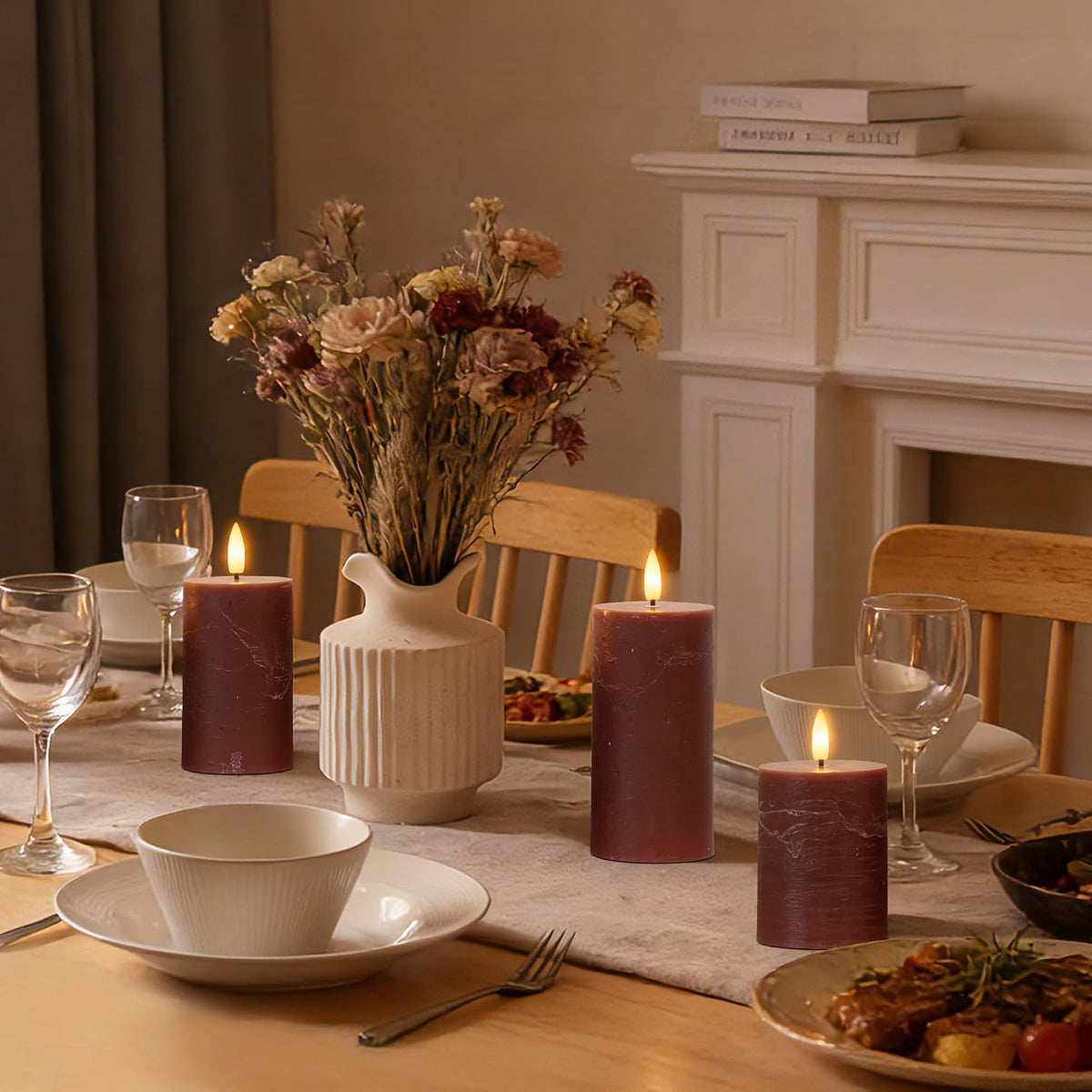 Brown Flameless Pillar Candles with Remote, Battery Operated Candle | Real Wax Flickering LED Decorative Candles, Warm