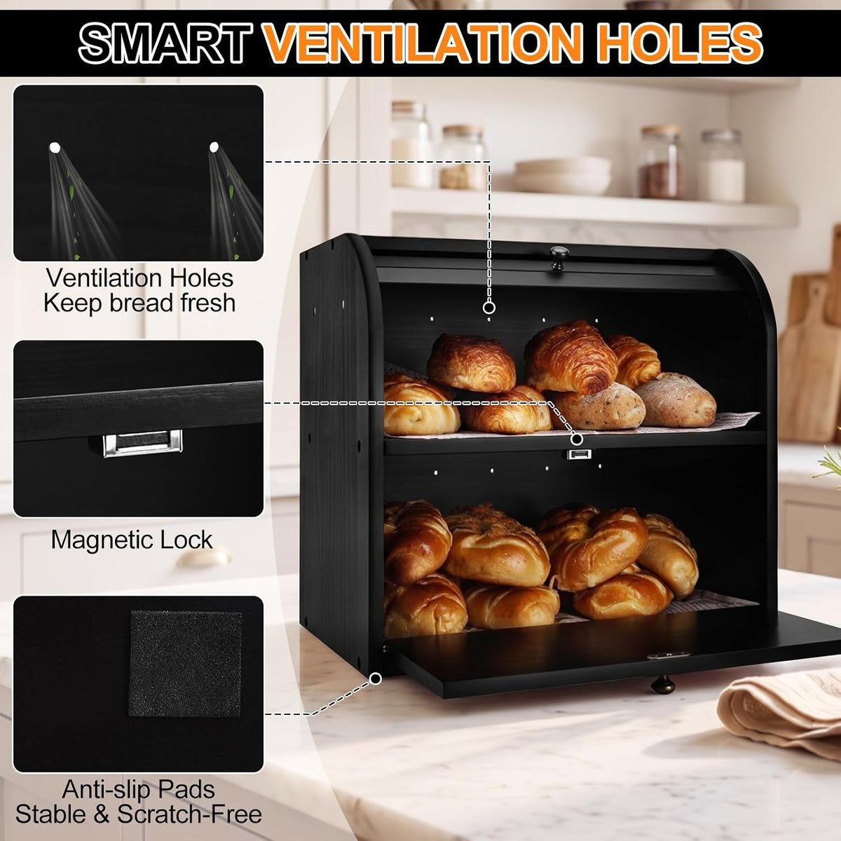Alpeir Roll Top Bread Box with Cutting Board for Kitchen Countertop, Black | Large Breadbox with Ventilation Holes
