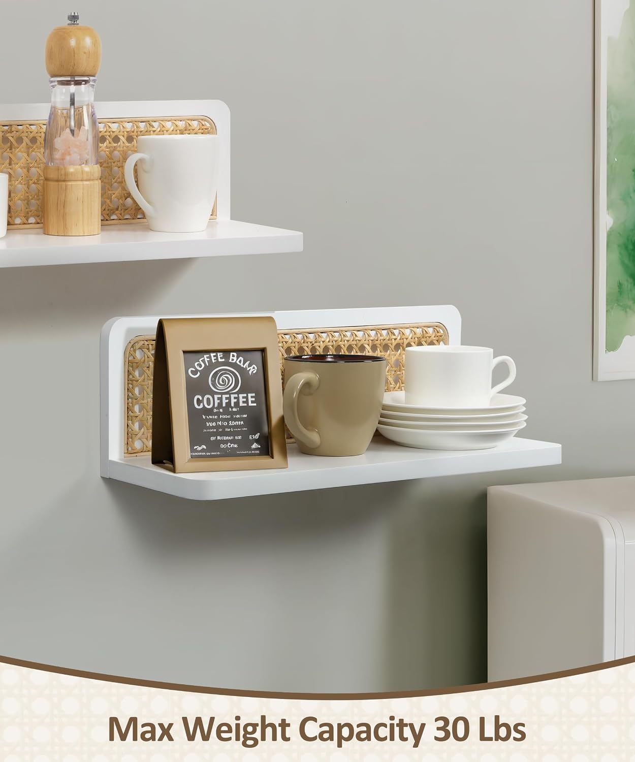 Rattan Floating Shelves / White / 5.9 x 15.75 x 5.1
