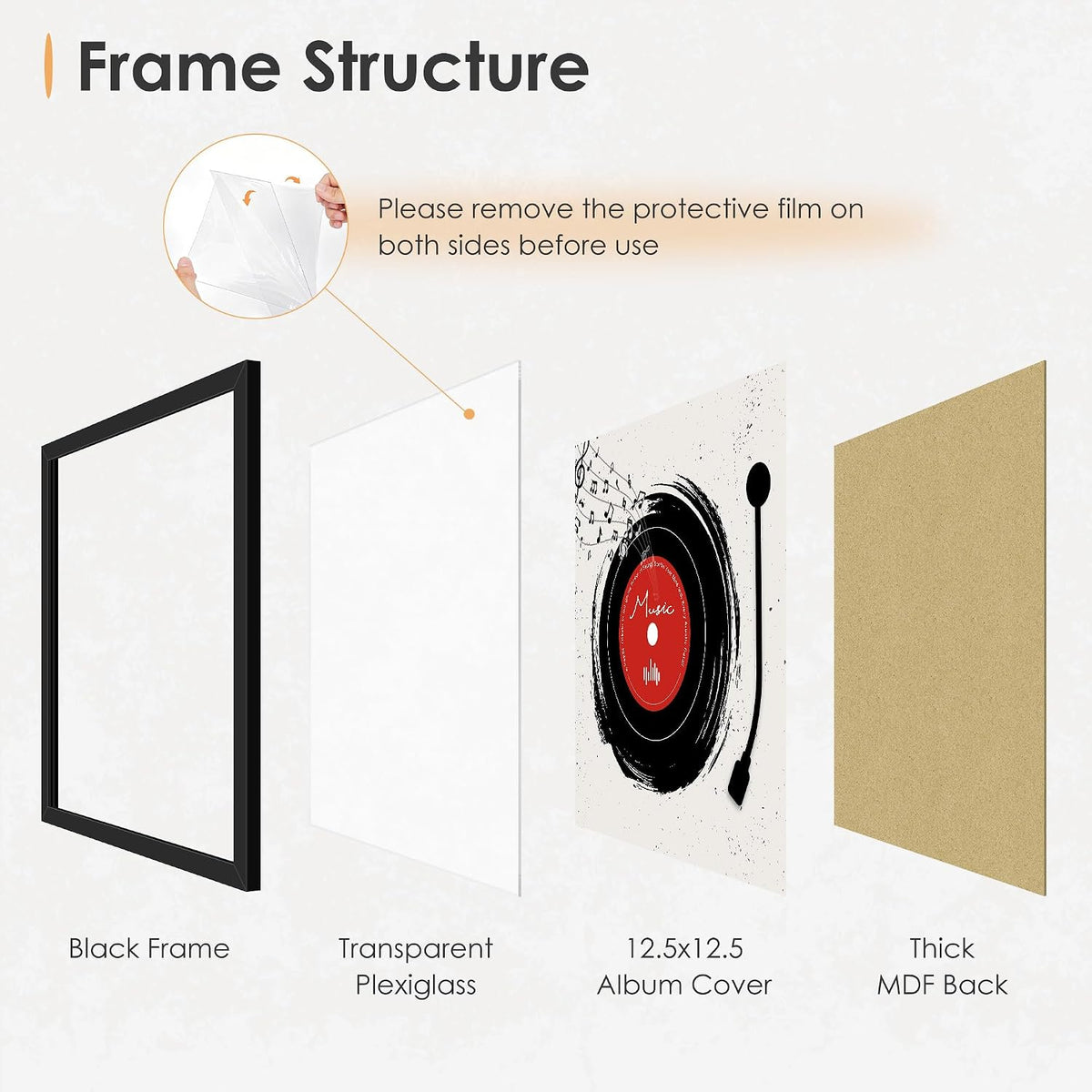 12.5x12.5 Vinyl Record Frame 6 Pack, Album Cover Frame Black | for Wall Hanging Display
