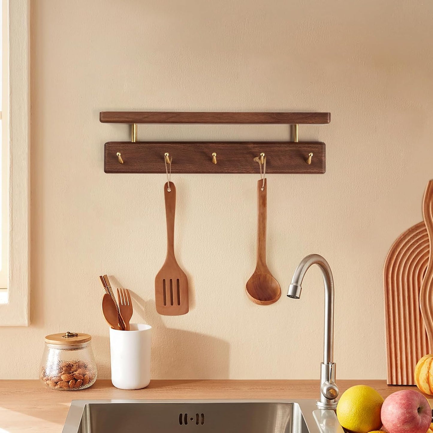 Solid Wood Shelf with Hooks, 15 inch Coat Rack Wall Mount, Shelves with 5 Brass Hooks for Hanging in Entryway, Living