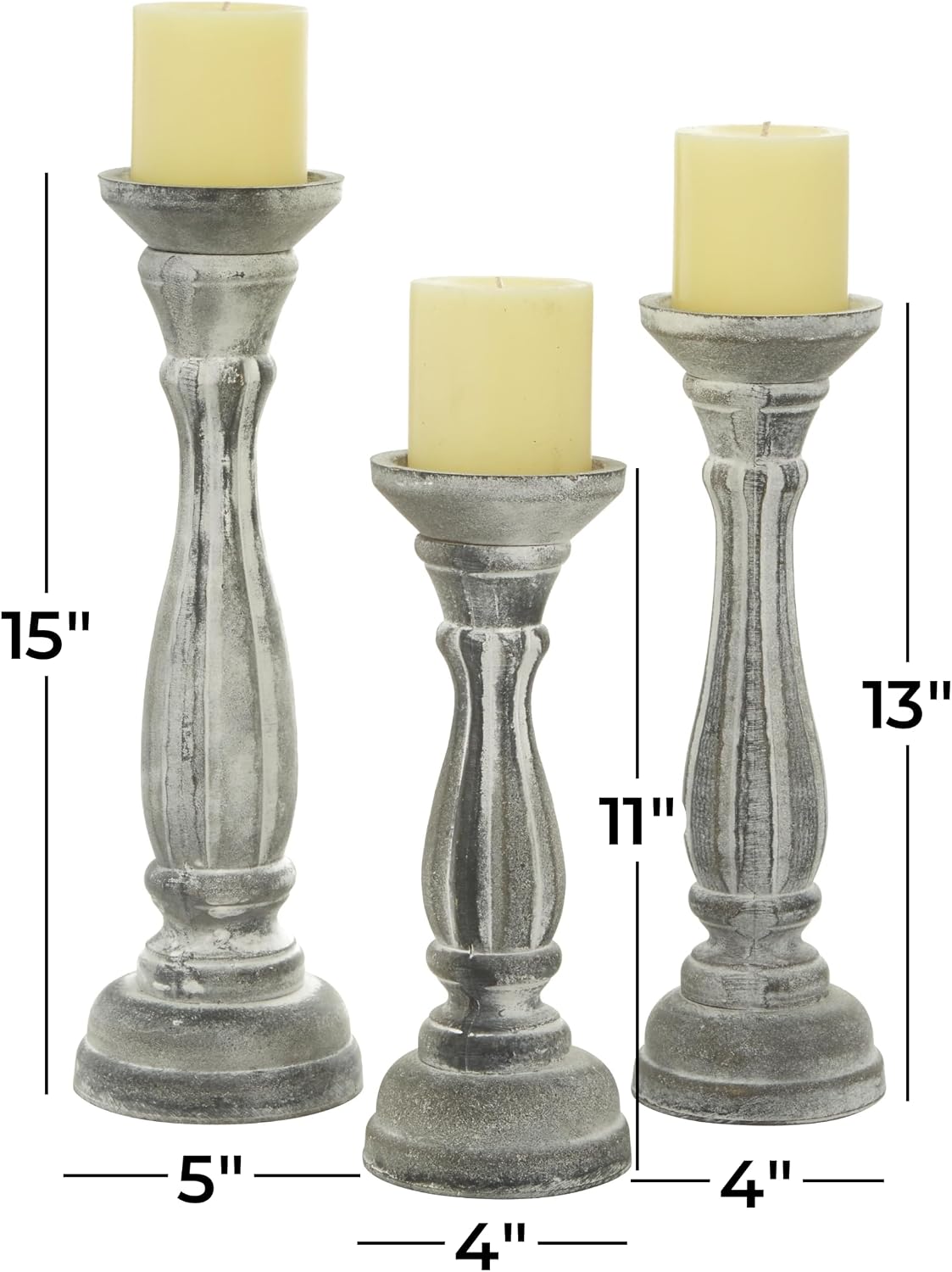 Deco 79 Wooden Decorative Candle Holder Distressed Turned Candle Stand, Set of 3 Candlestick Holder 15", 13", 11"H, Gray