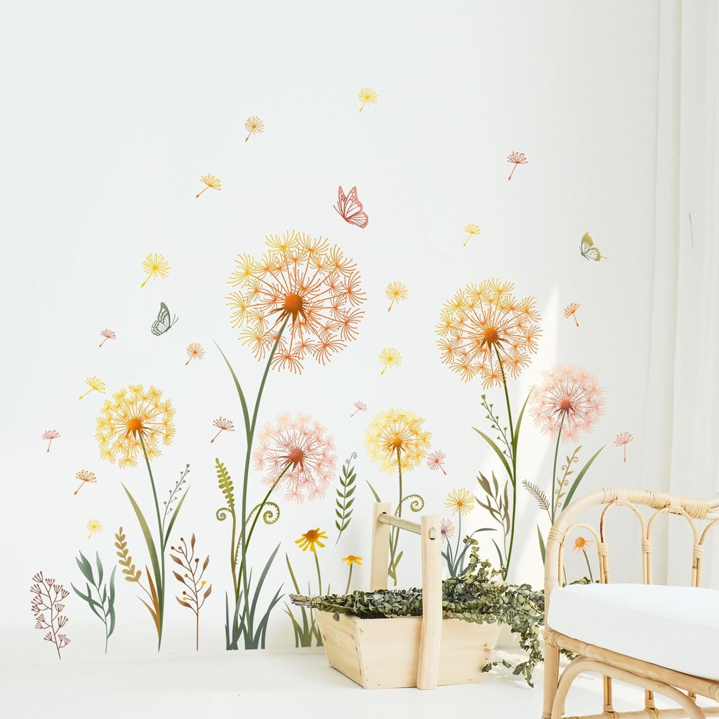 Dandelion Flower Butterfly Wall Decals Dandelion Plants Floral Wall Stickers Peel and Stick / Gold