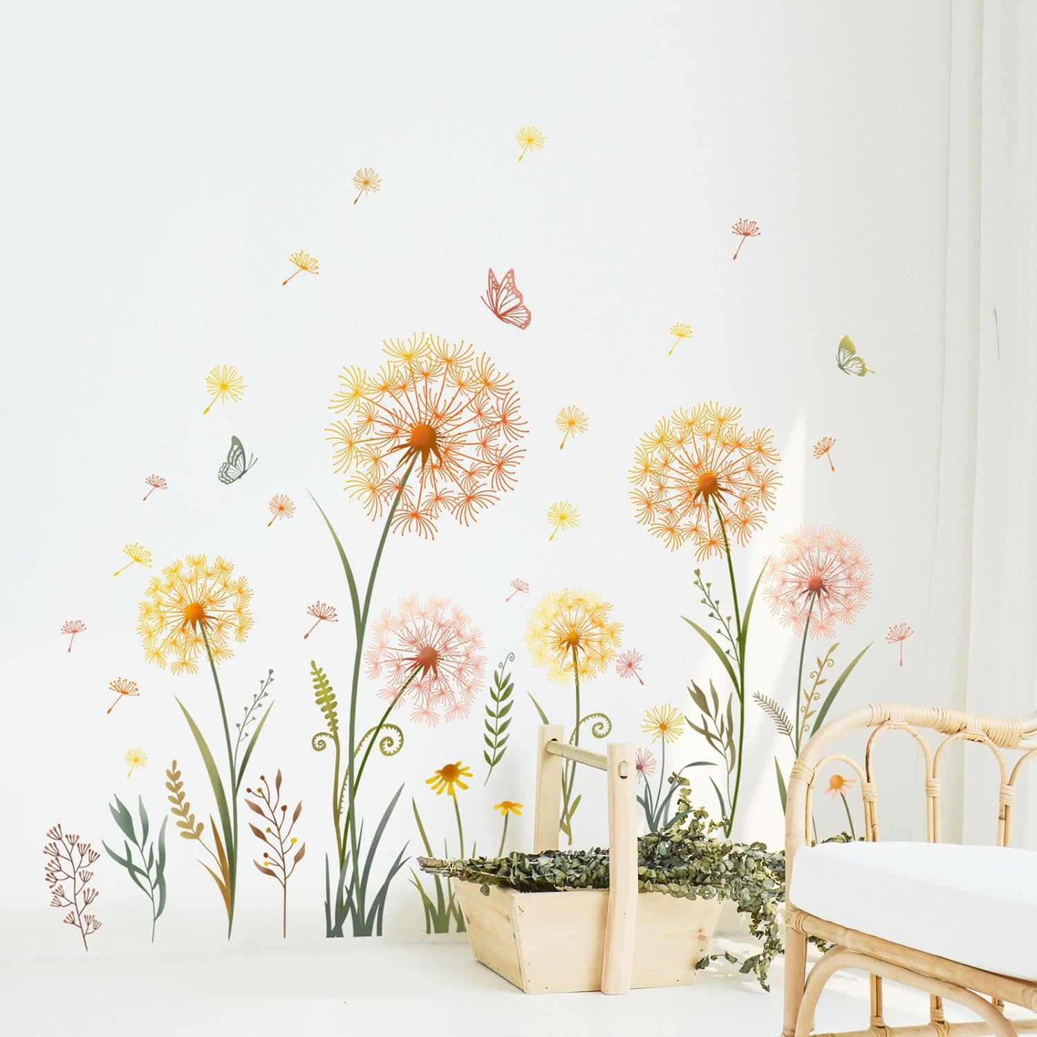 Dandelion Flower Butterfly Wall Decals Dandelion Plants Floral Wall Stickers Peel and Stick / Gold