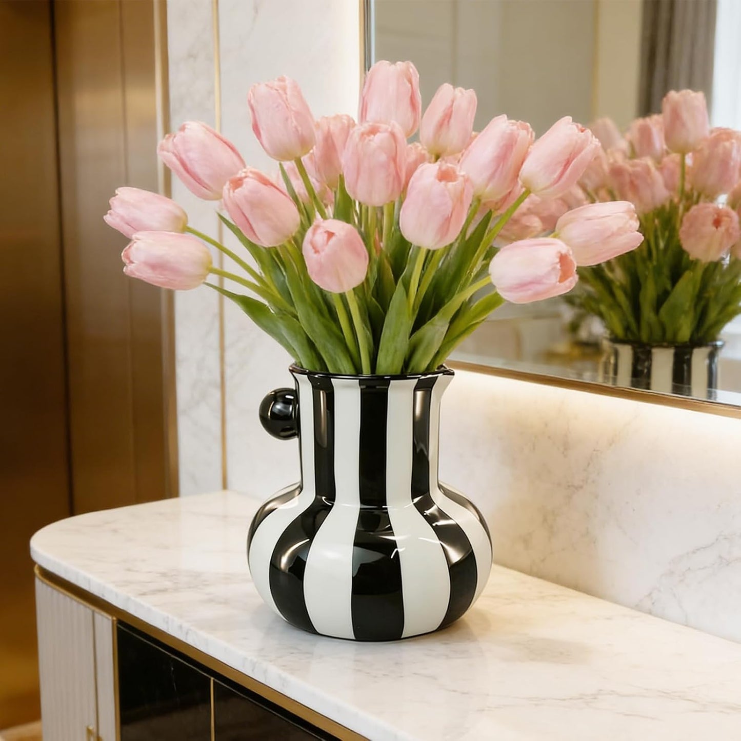 White Striped Ceramic Vase / Black