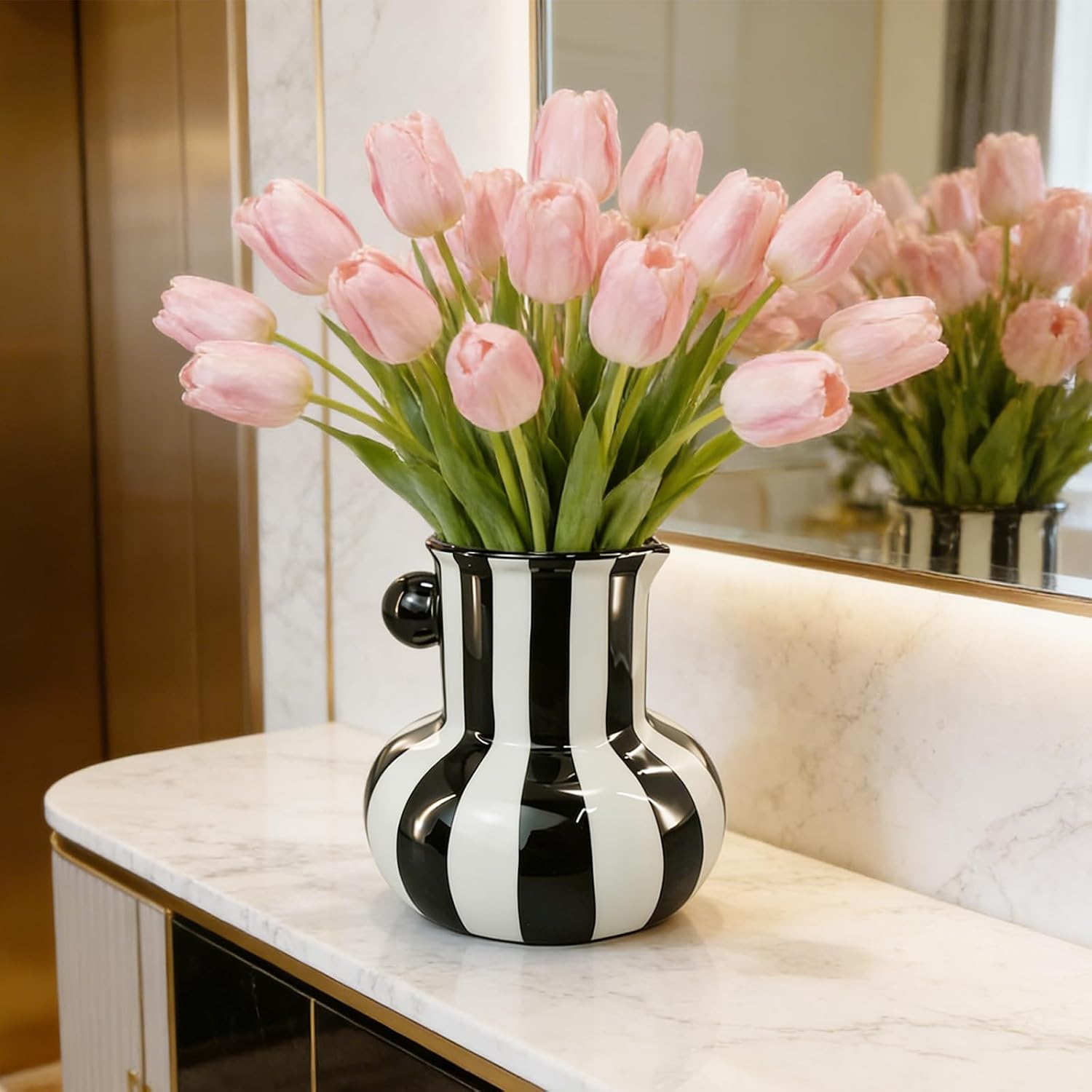 White Striped Ceramic Vase / Black