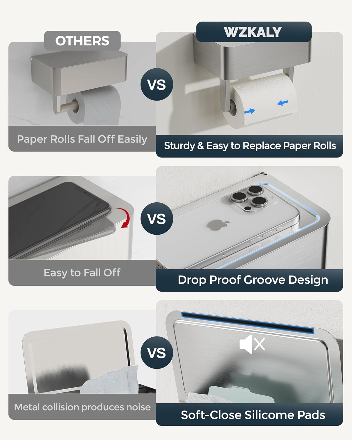 Toilet Paper Holder, Stainless Steel Wall Mount Bathroom Organizer with Shelf, Flushable Wipes Dispenser Storage Fits