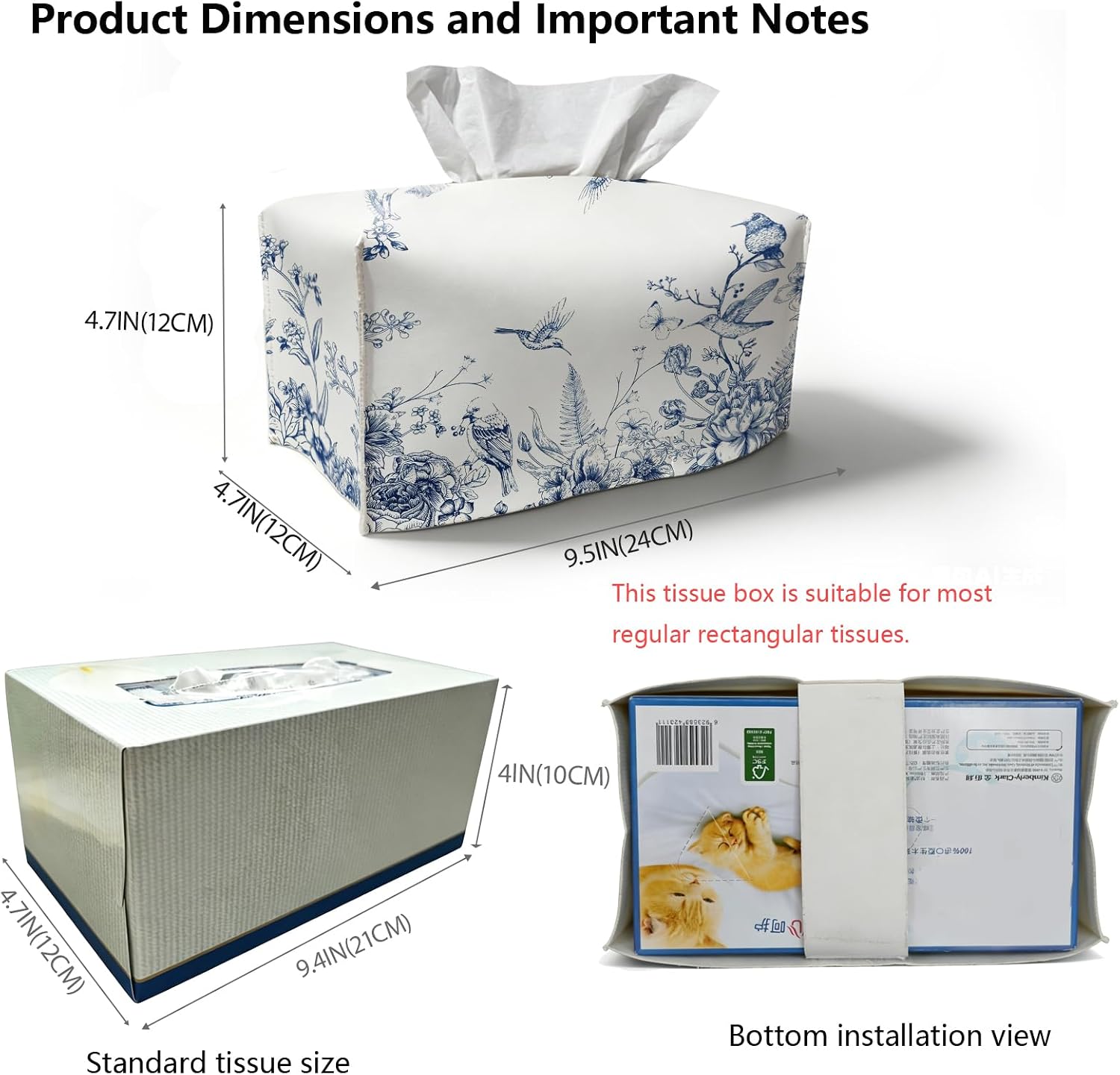 Chinoiserie Flower Toile Tissue Box Holder / Floral Bird Blue