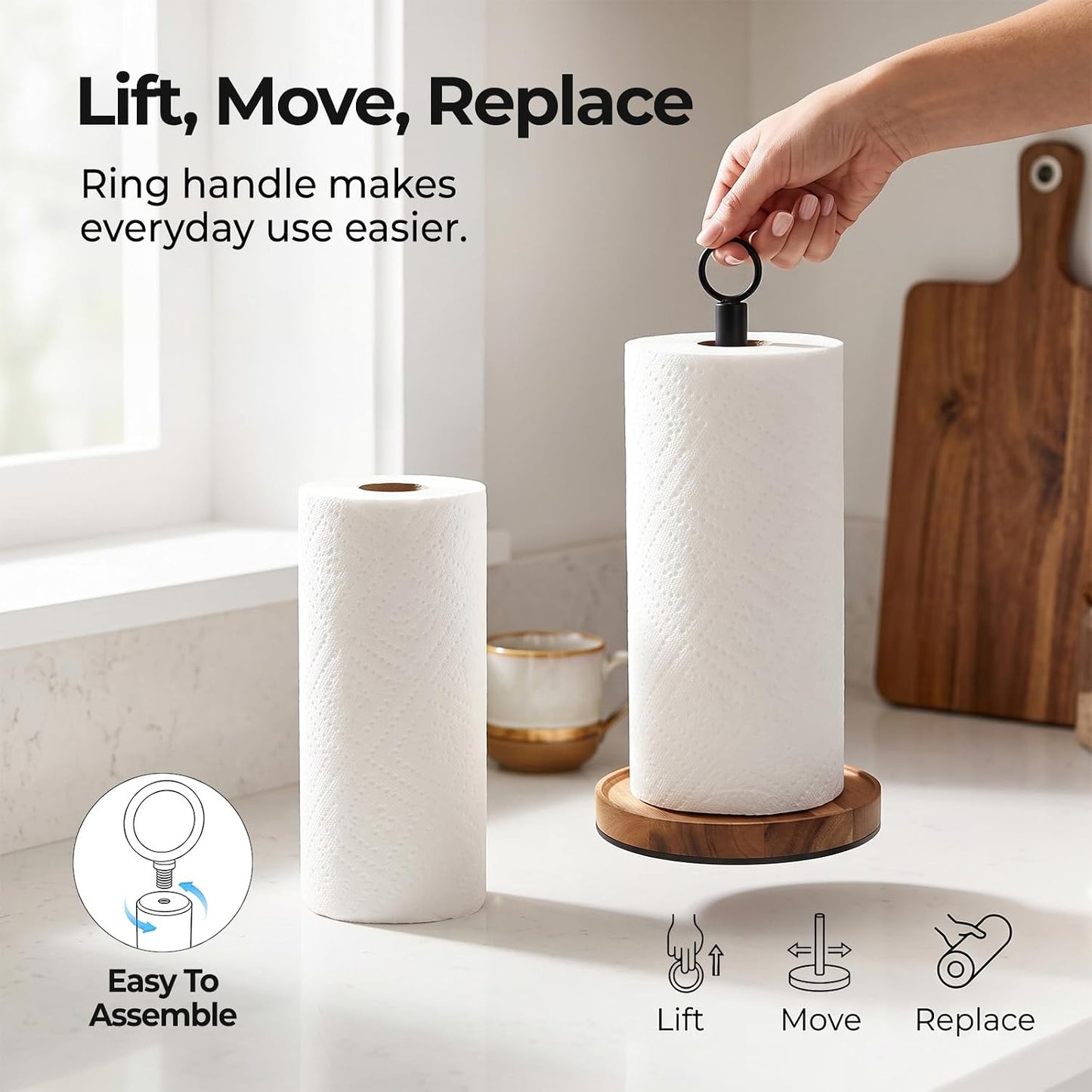 WILDMOS Paper Towel Holder Countertop, Solid Acacia Wood with Thick Metal Base, Black Freestanding Paper Towel Holder