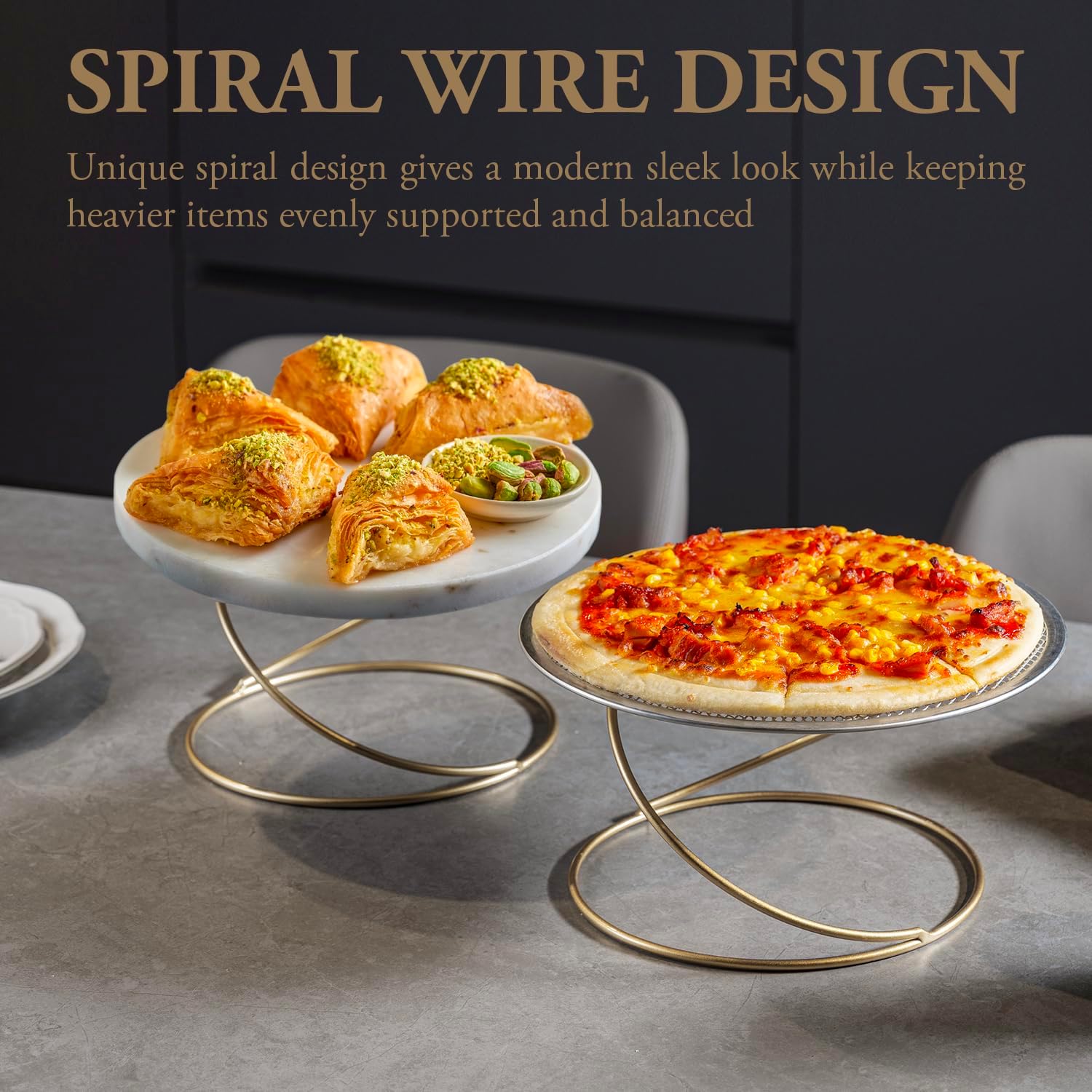 Modern Wire Metal Pizza Stand Tray Pedestal Rest / Gold / 7 Inch