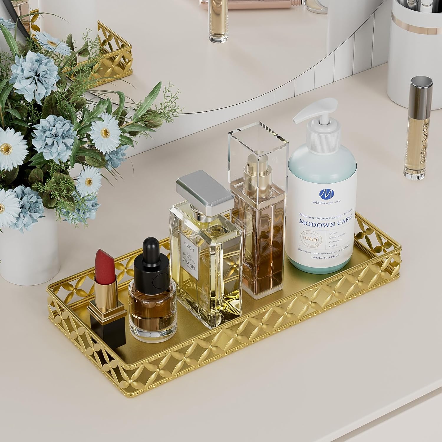 Bathroom Vanity Tray for Counter Organizer / Rectangle Floral-gold / 11 Inch