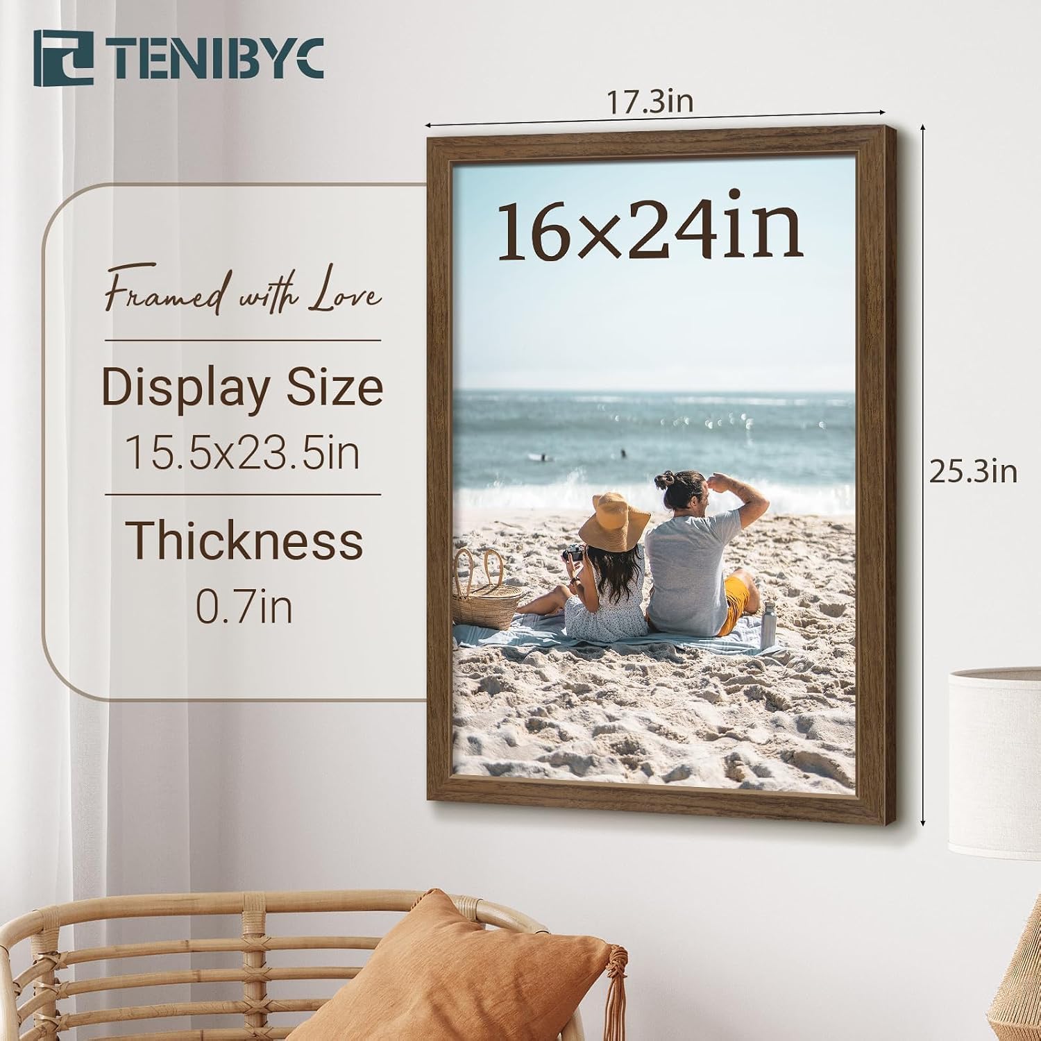 16x24 Picture Frame, Brown Wood, 3 Pack, Wall Hanging for Poster | Thick Polished Plexiglass, Travel Poster Frame for