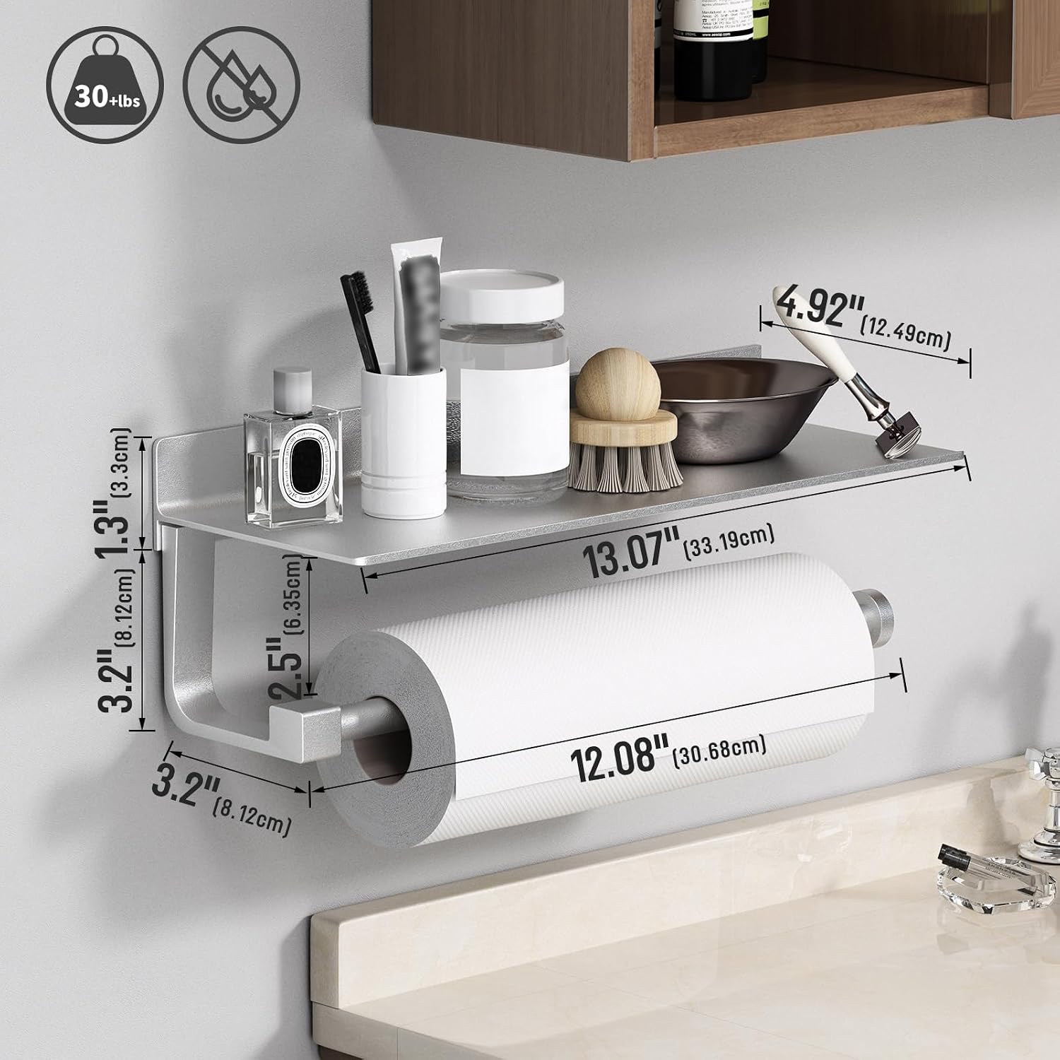 Wall Mount Paper Towel Holder with Shelf for Bathroom/Kitchen, Adhesive Hand Towel Holder, Matte Silver