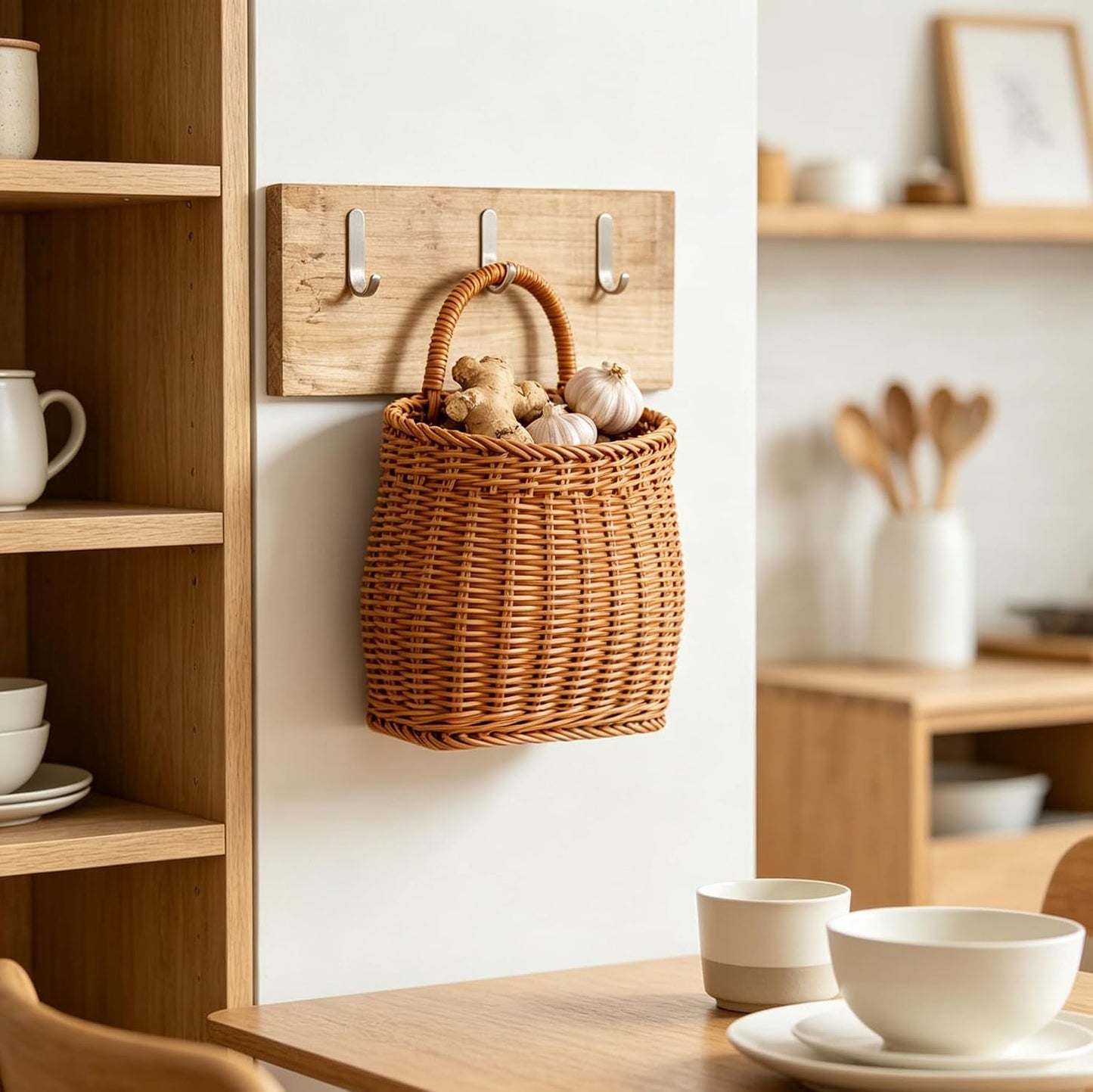 Imitation Rattan Woven Basket Wall Hanging Storage Organizer