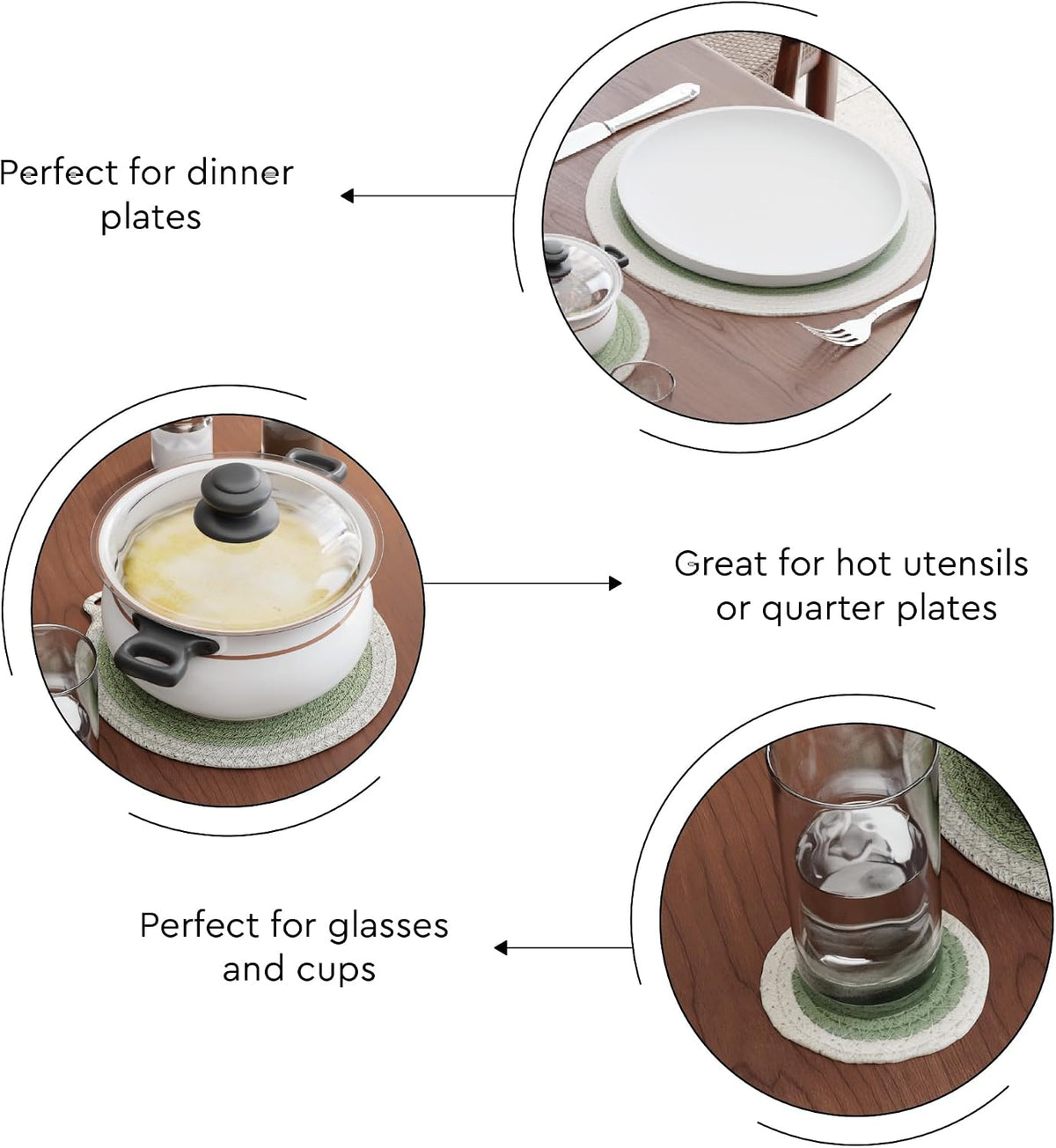 Encasa XO Cotton Placemats, Coasters & Trivets 13" | Sage, Heat Resistant | Protective Table Pad | Handcrafted Ribbed