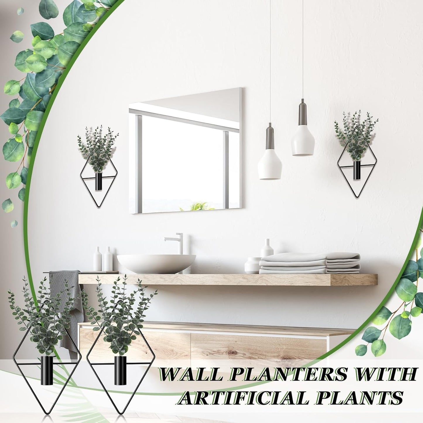 Artificial Metal Hanging Vase Indoor Plants Holder Modern Geometric / Black / Eucalyptus / Set of 4