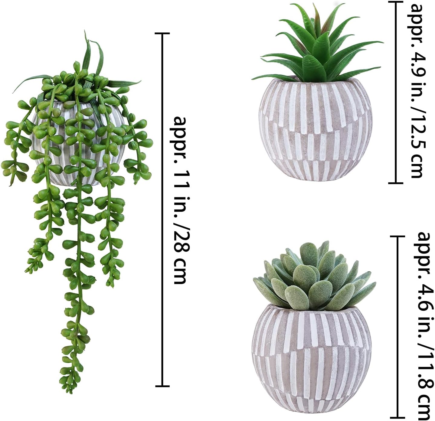 Artificial Succulent Plants in Geometric Concrete Pots Fake Aloe Echeveria String / Gray / Set of 3