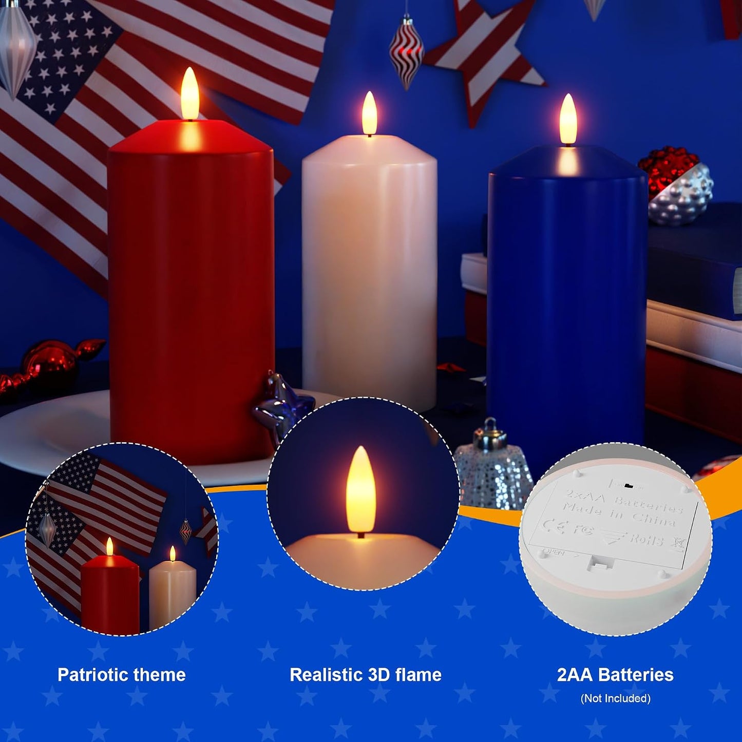 Patriotic Red White & Blue Candles, 4th of July LED Candle Real Wax | Flameless Pillar Candles with Remote, Battery