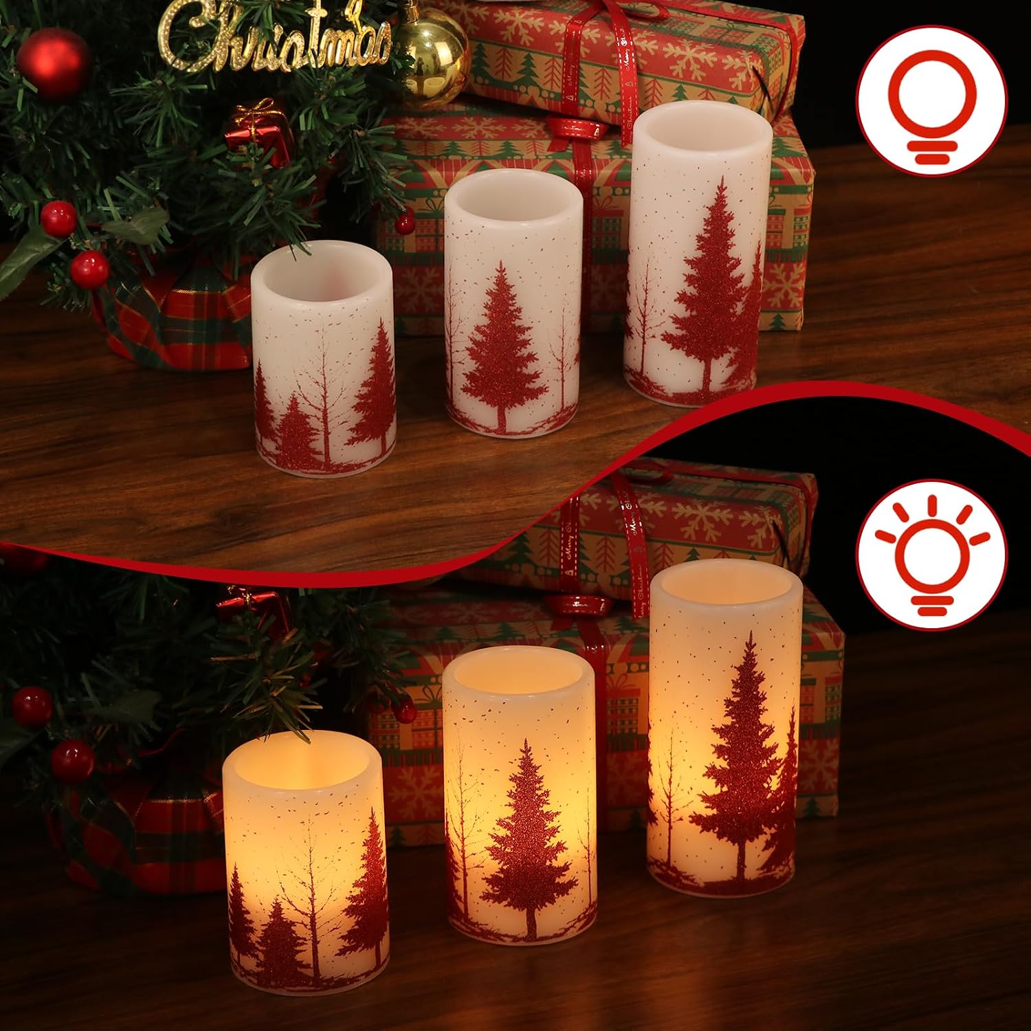 Christmas Tree Flameless Candles Battery Operated with 6H Timer | LED Pillar Candles Flickering, Real Wax Warm Light