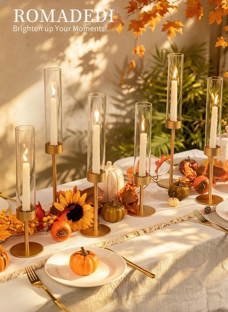 Romadedi Glass Hurricane Candle Holders for Candlestick, Gold, Set of 6 | Removable Borosilicate Clear Glass Cylinder