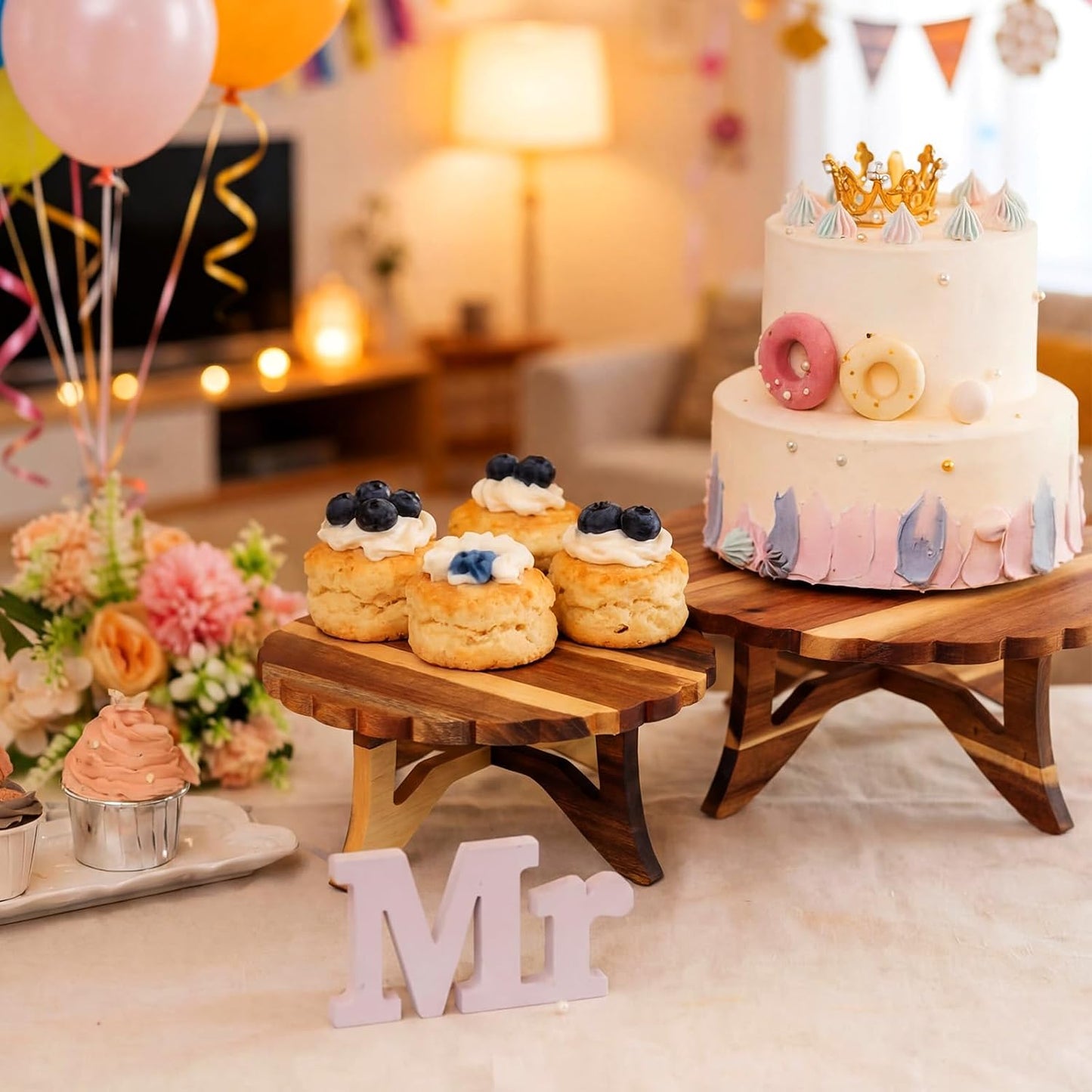 Farmhouse Wood Cake Stand 12'' 10'' 8'' Acacia Wooden Rustic Cupcake Holder / Lace / Set of 3