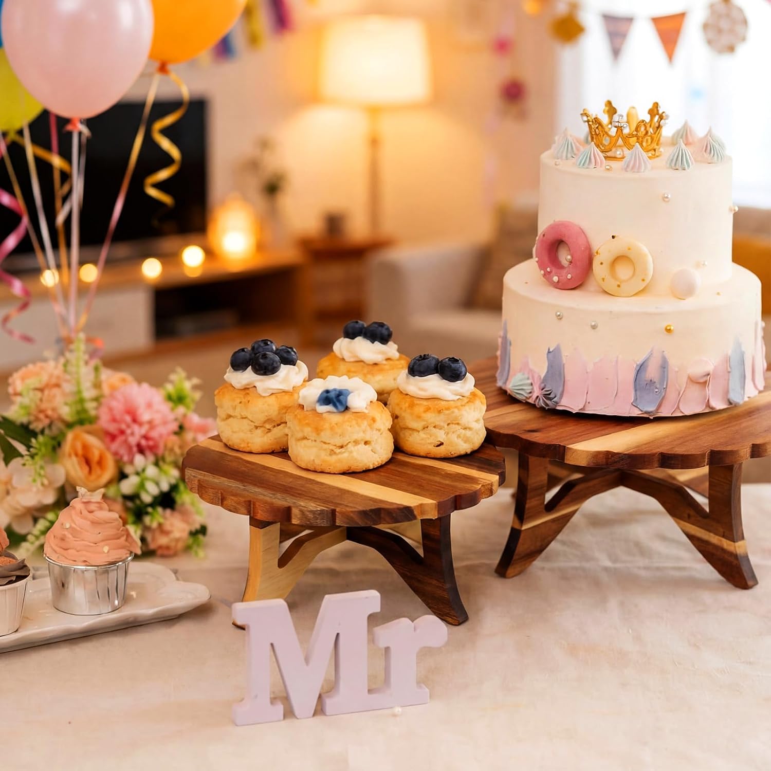 Farmhouse Wood Cake Stand 12'' 10'' 8'' Acacia Wooden Rustic Cupcake Holder / Lace / Set of 3